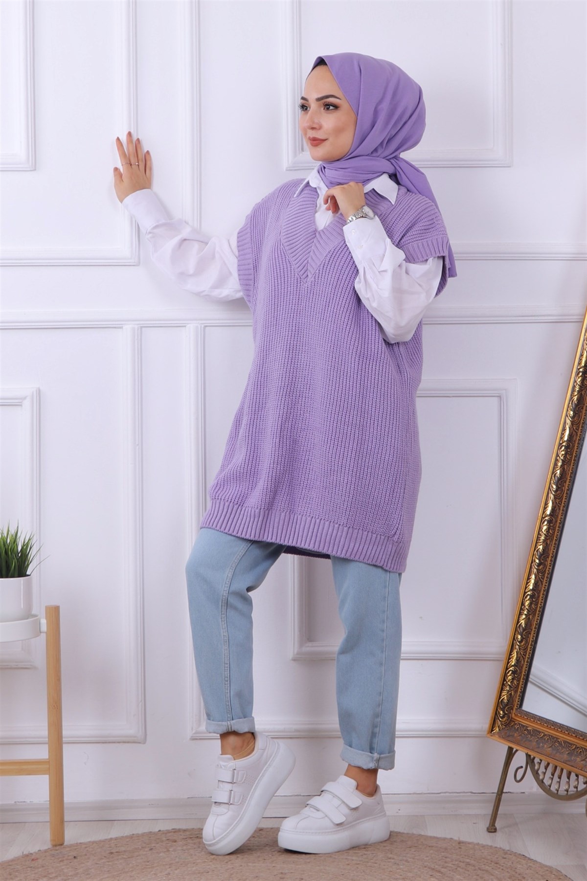 V YAKA TRİKO SÜVETER LİLA