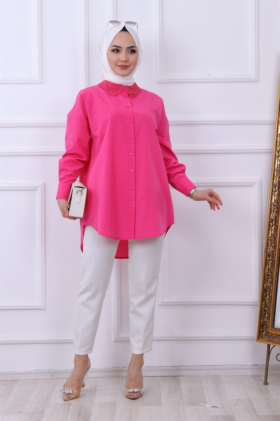 YAKASI DANTEL TUNİK PEMBE