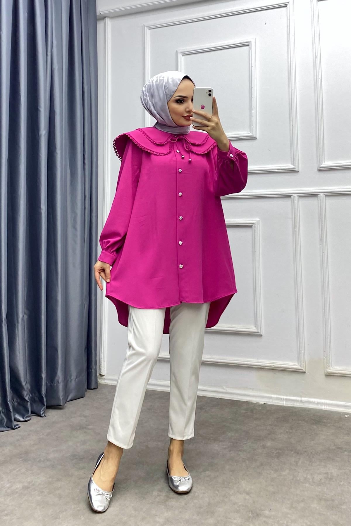 Yakası dantelli tunik Fuşya
