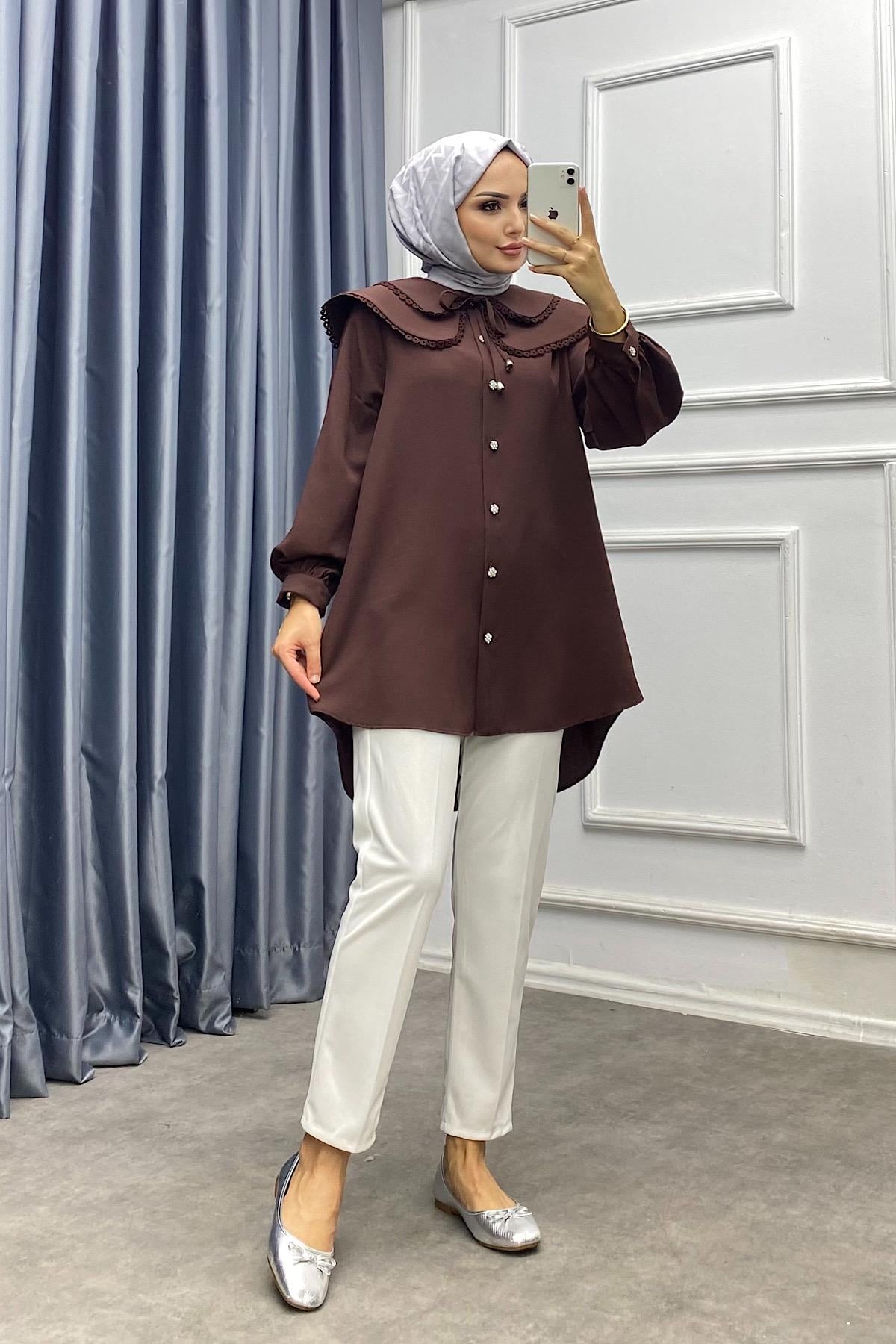 Yakası dantelli tunik Kahverengi 