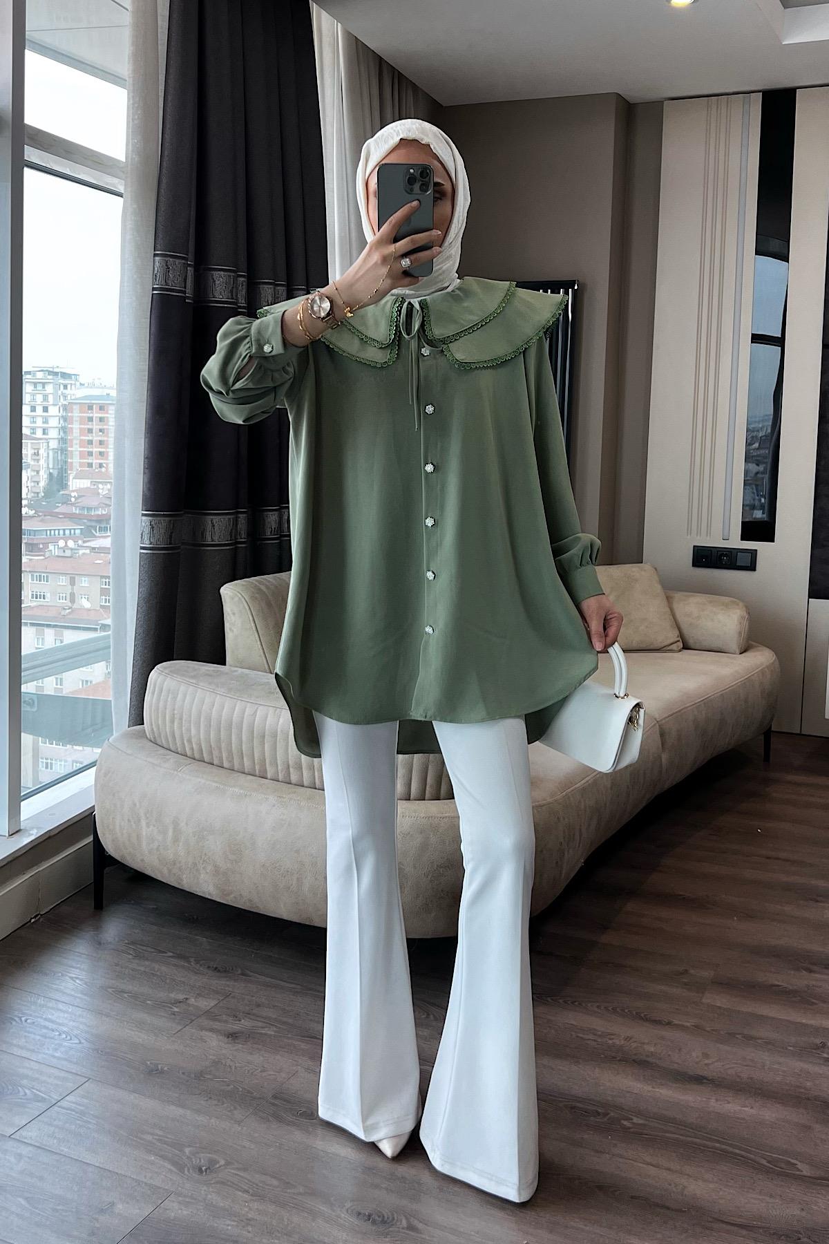 Yakası dantelli tunik Yeşil