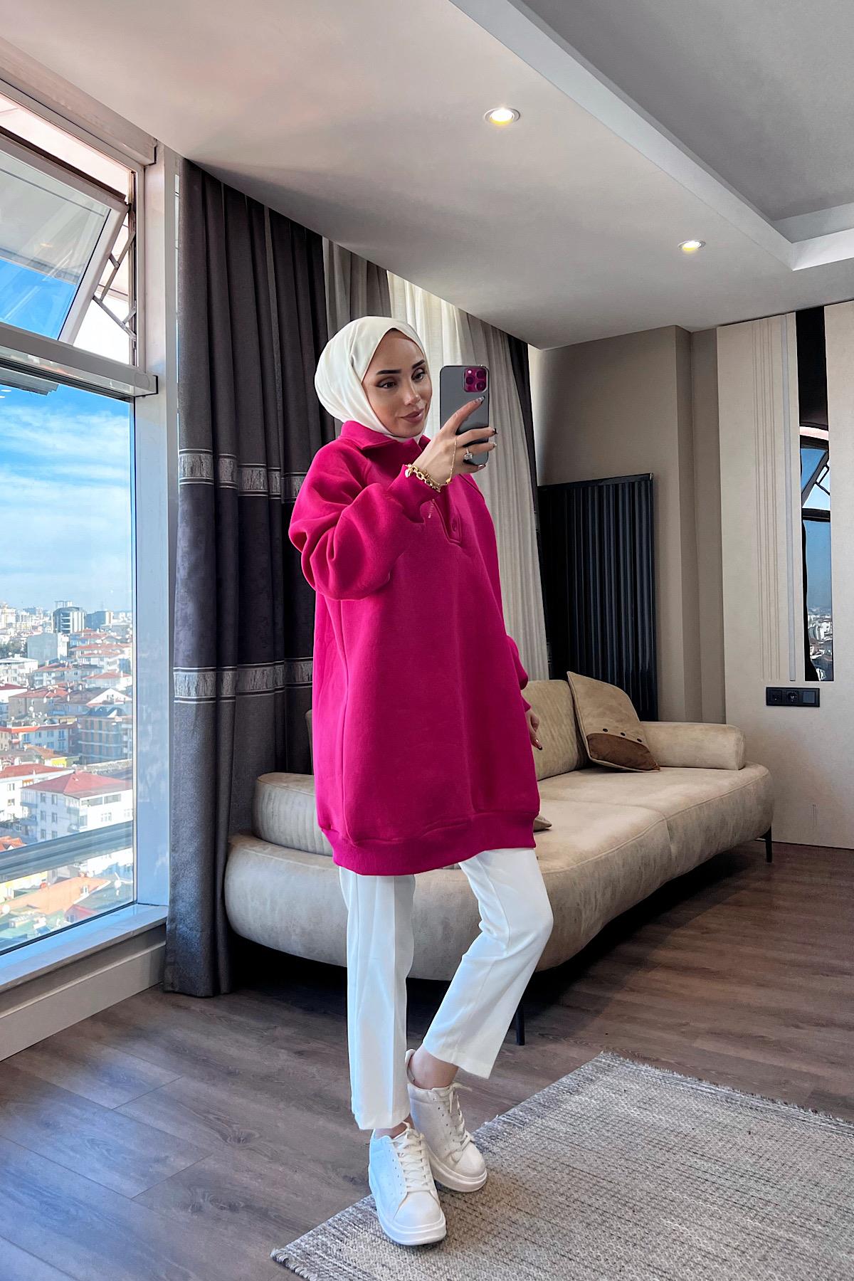 Yakası Düğme Üç İplik Sweat Fuşya