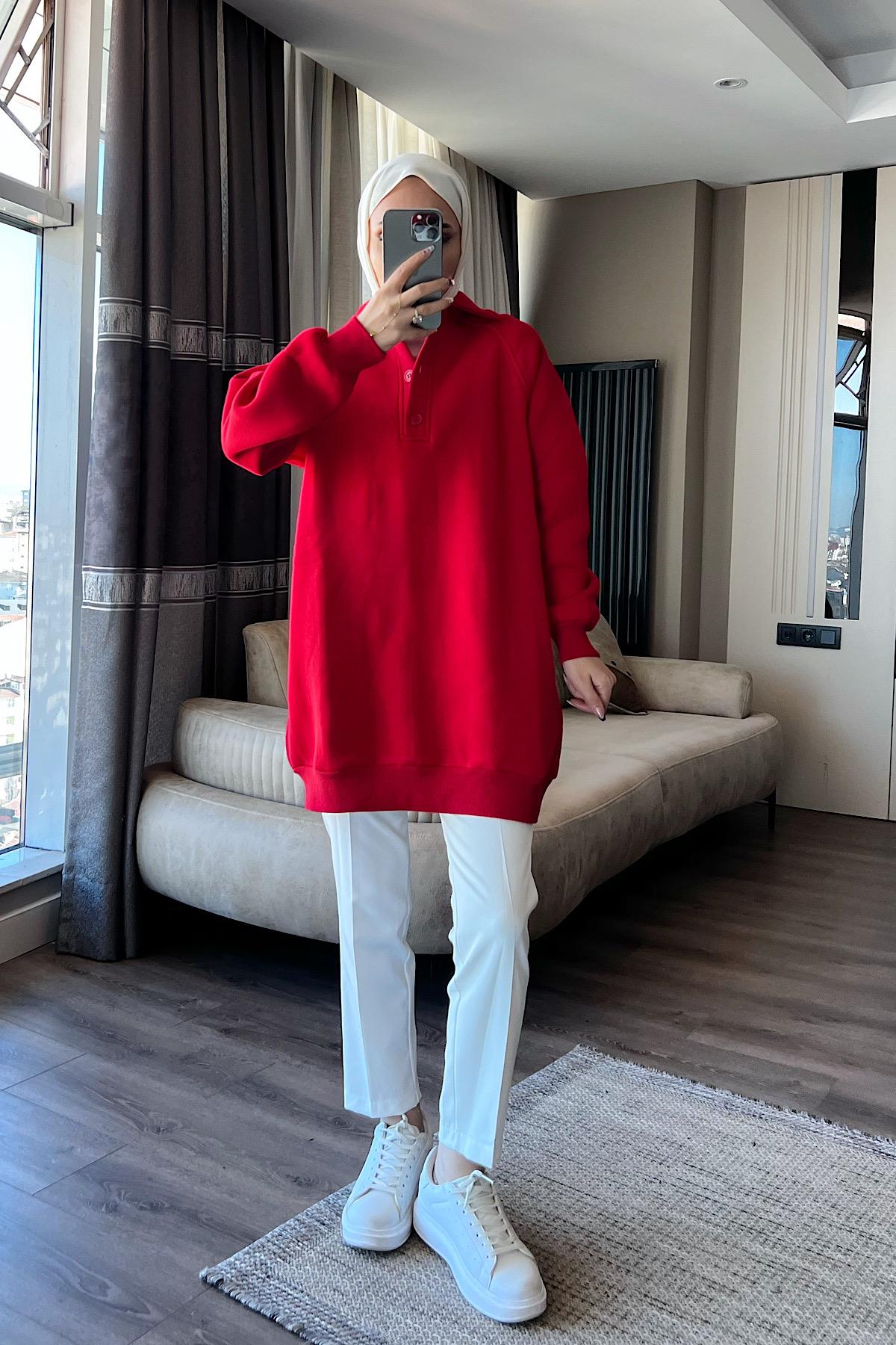 Yakası Düğme Üç İplik Sweat Kırmızı