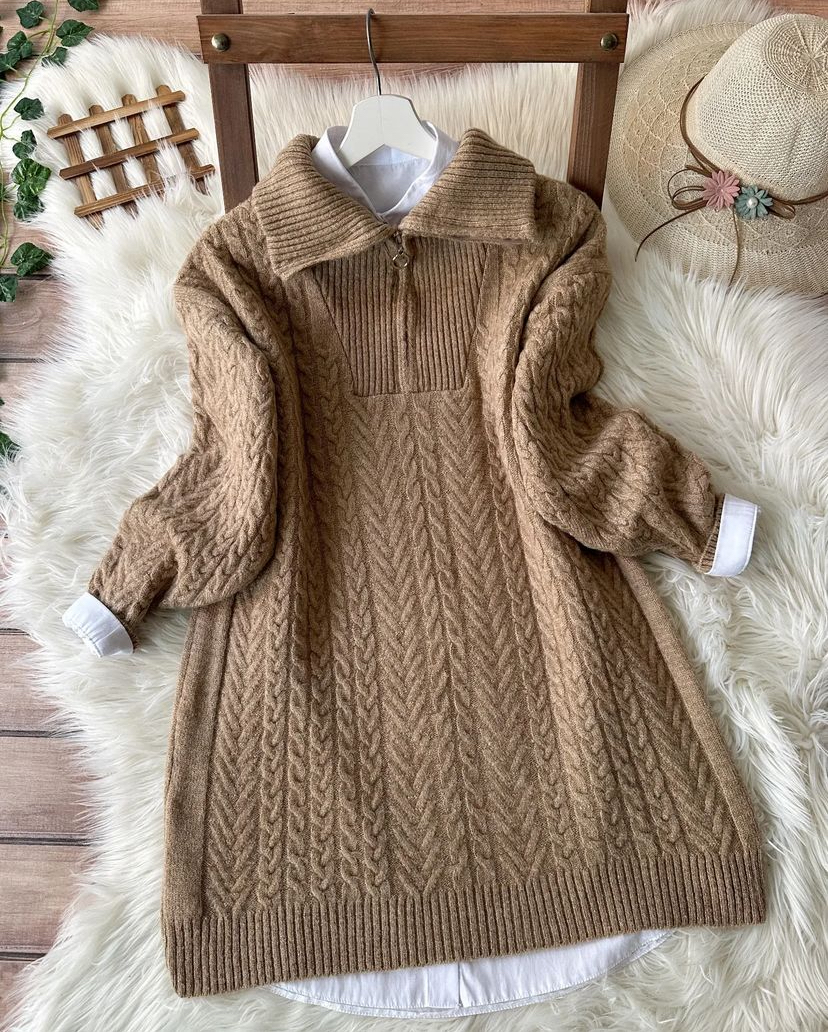 Yakası fermuarlı Baklava Desen Tunik Camel