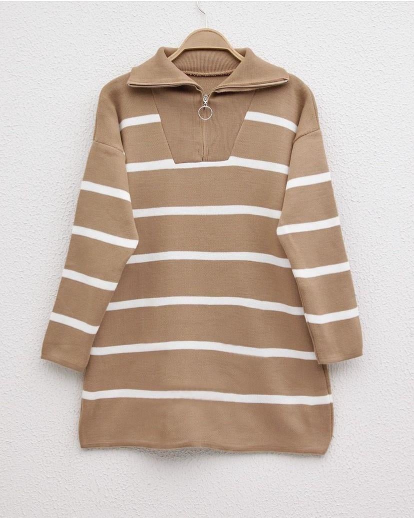 Yakası fermuarlı camel tunik