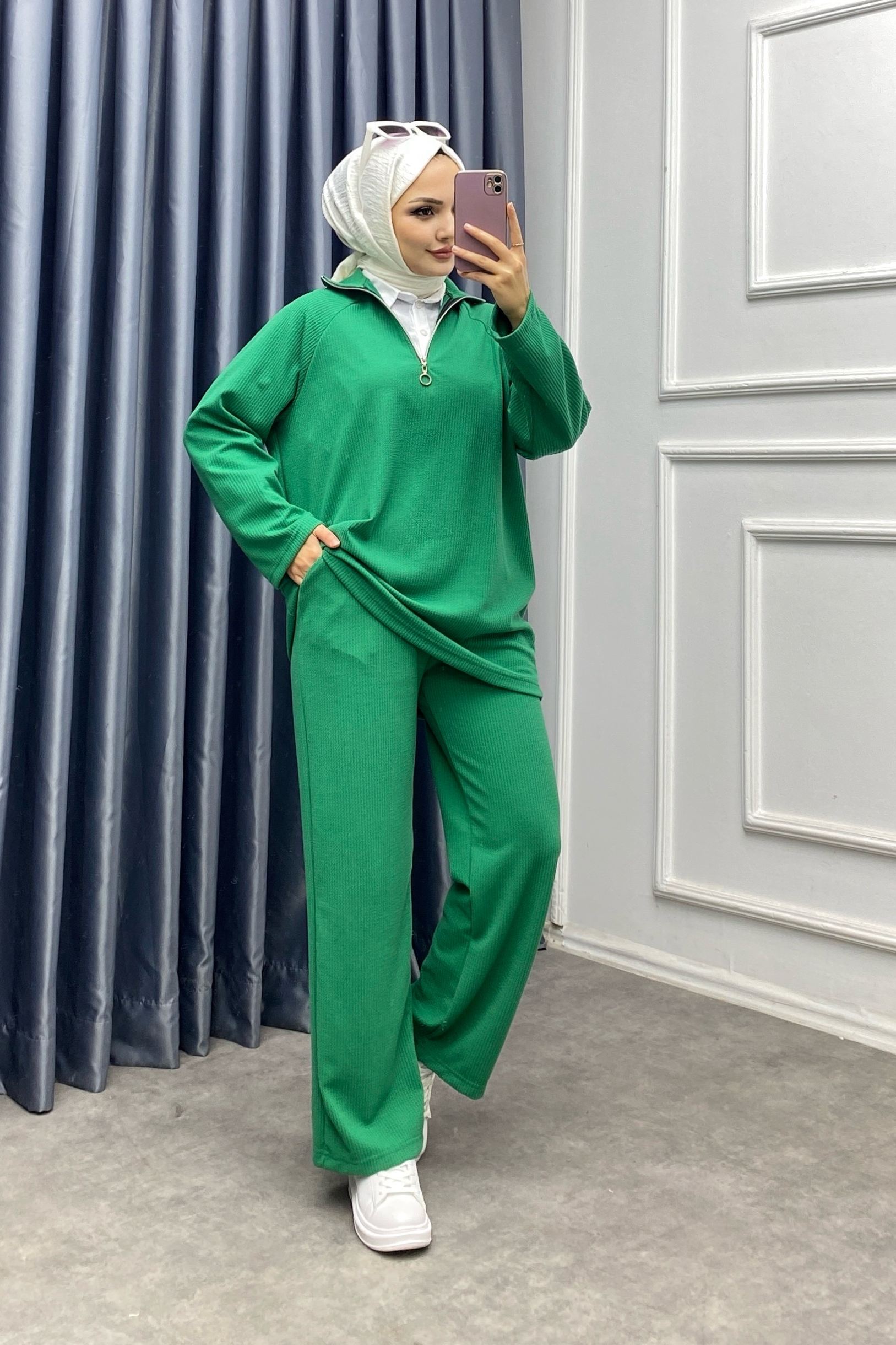Yakası fermuarlı ikili takı benetton yeşili