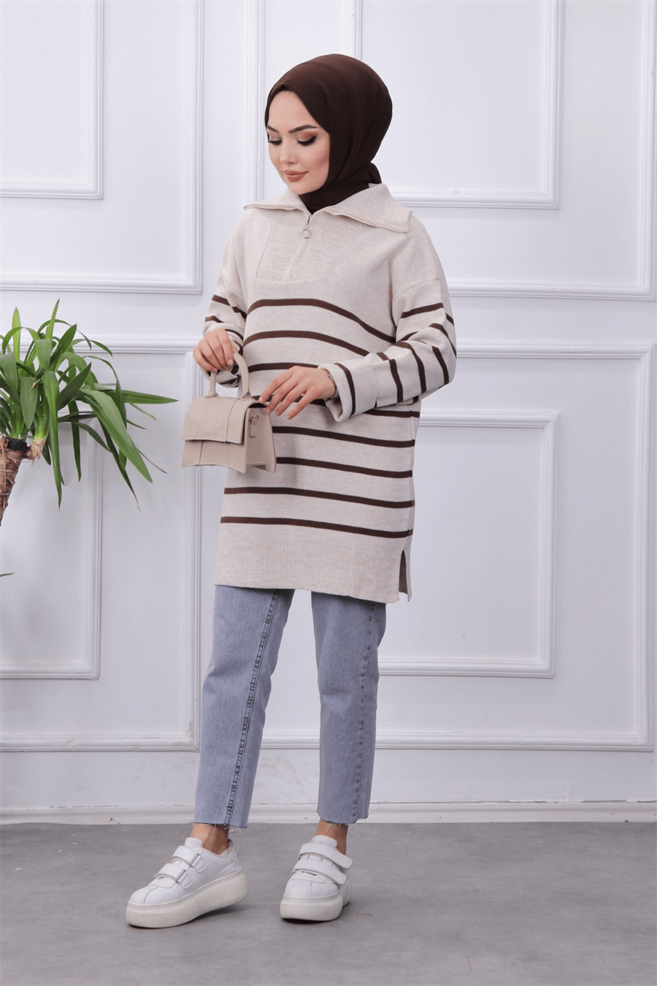 Yakası fermuarlı taş kahve çizgili tunik