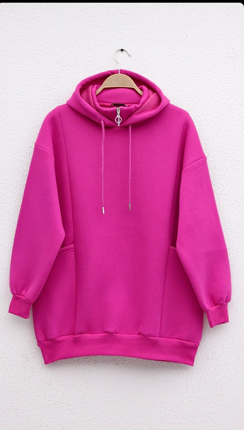 Yakası Fermuarlı Torba Cep Sweat  Fuşya