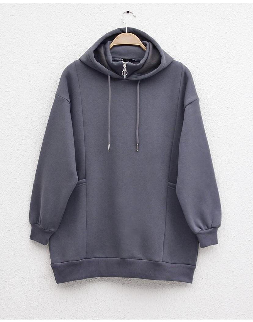 Yakası Fermuarlı Torba Cep Sweat Gri