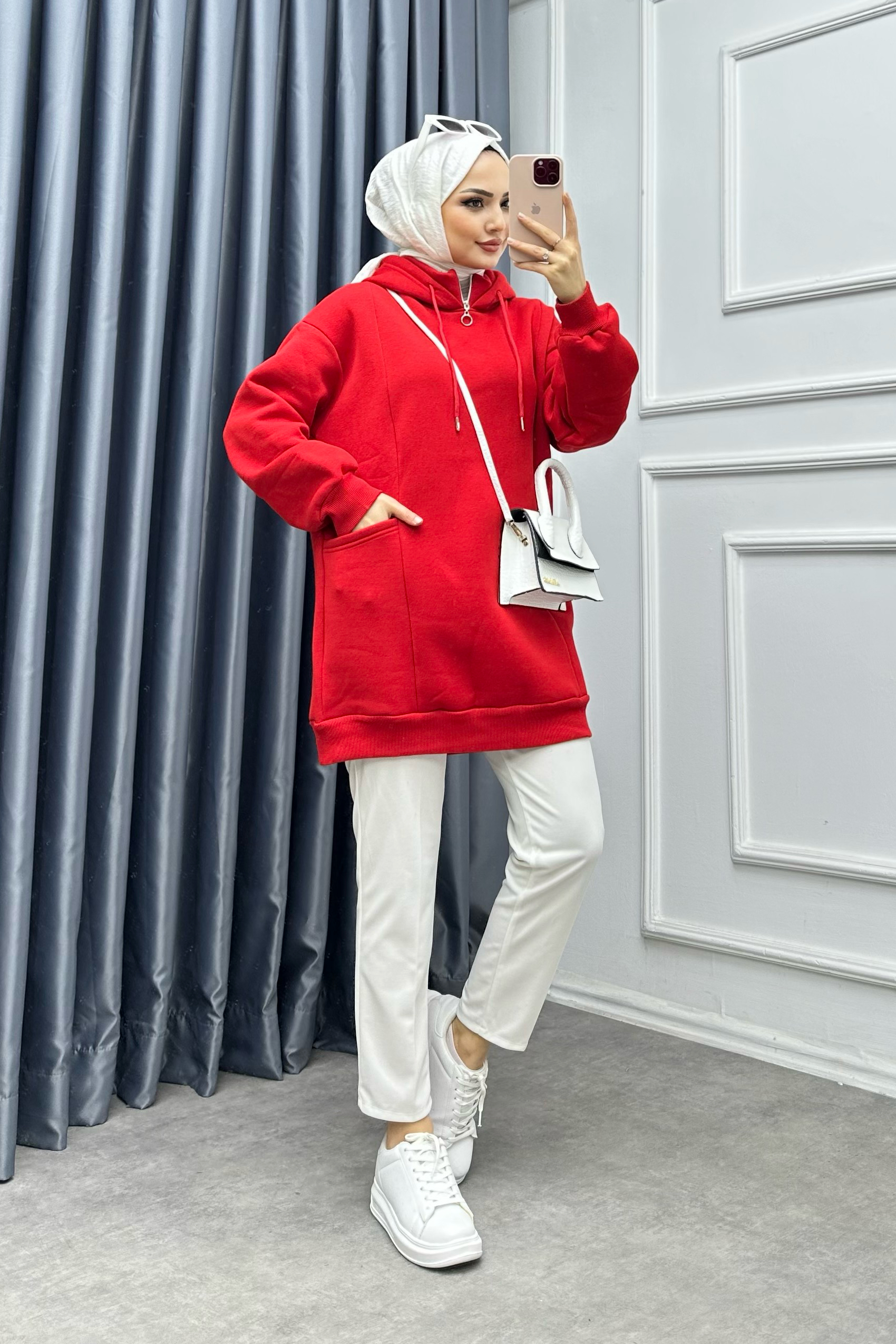 Yakası Fermuarlı Torba Cep Sweat Kırmızıı