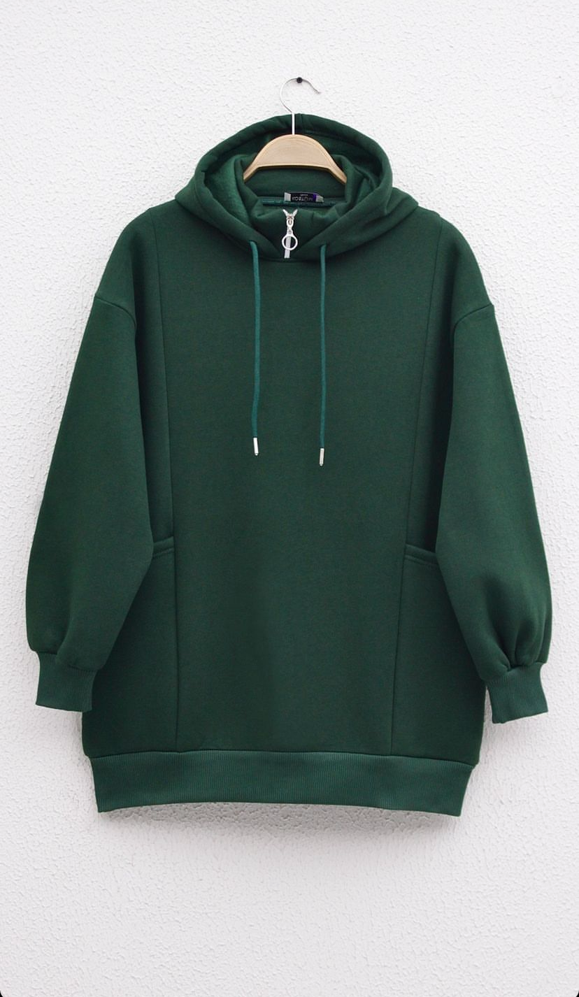 Yakası Fermuarlı Torba Cep Sweat Yeşil