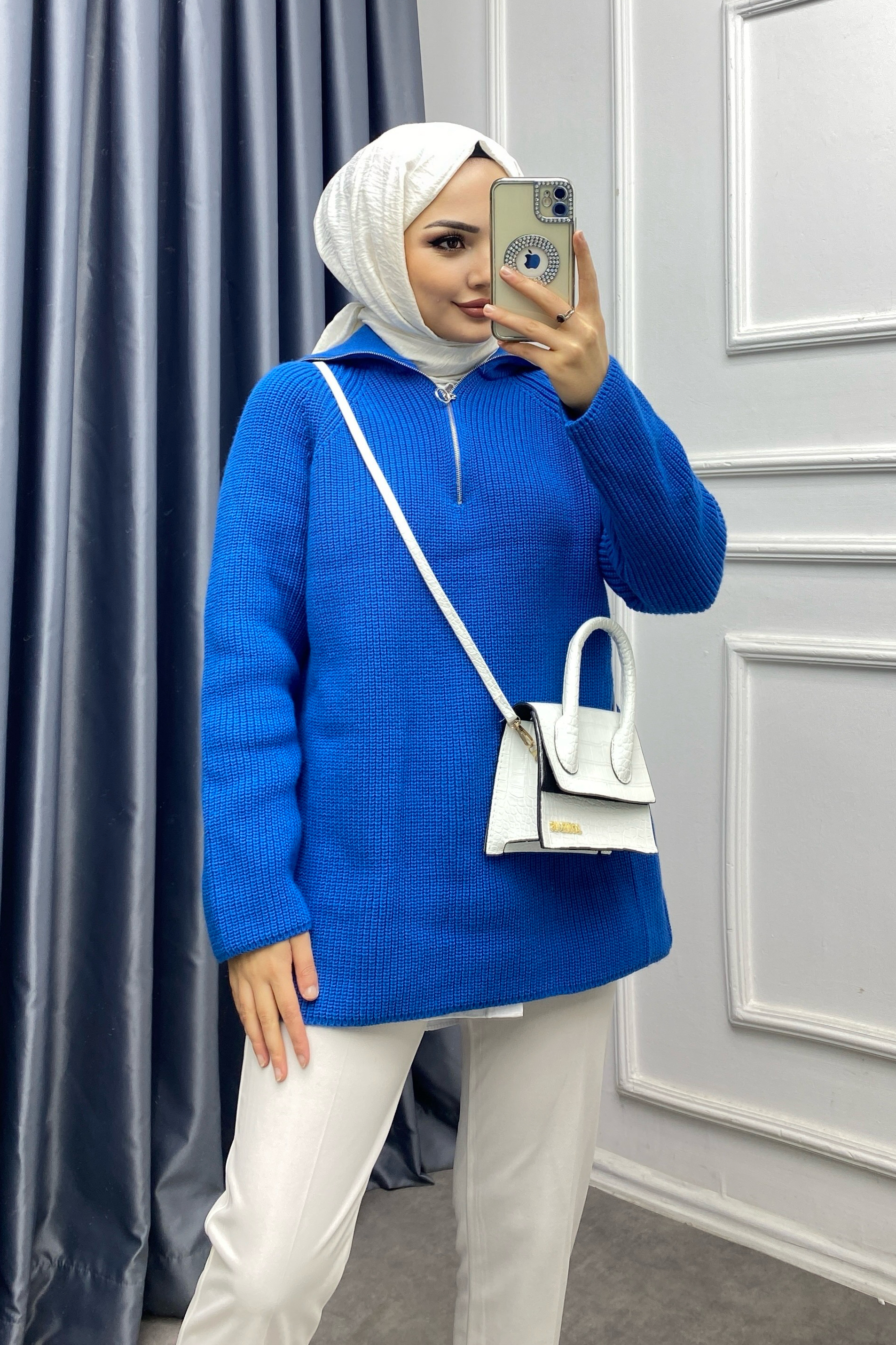 Yakası Fermuarlı Triko Tunik mavi