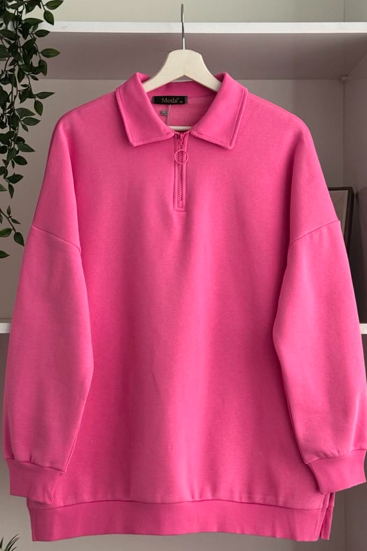 Yakası Fermuarlı Üç iplik sweat Pembe 