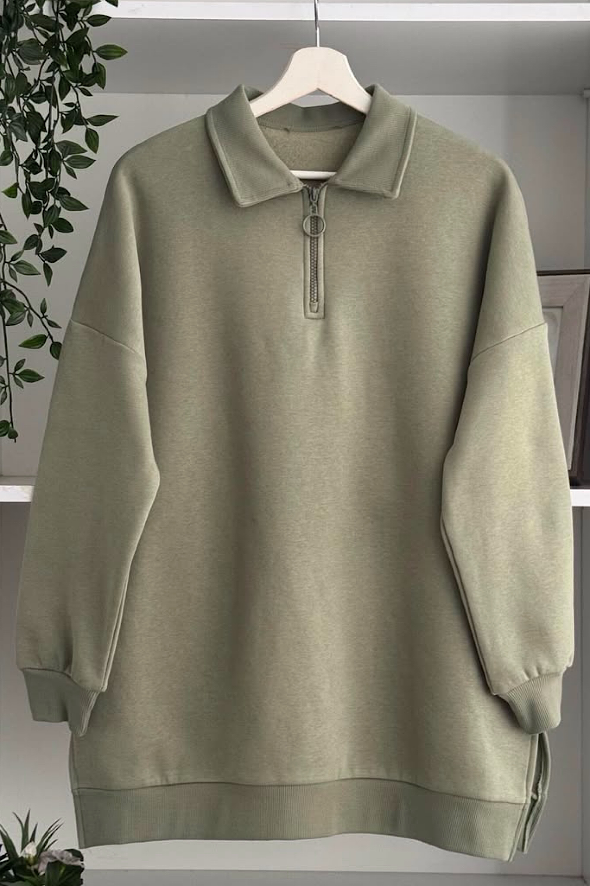 Yakası Fermuarlı Üç iplik sweat Yeşil