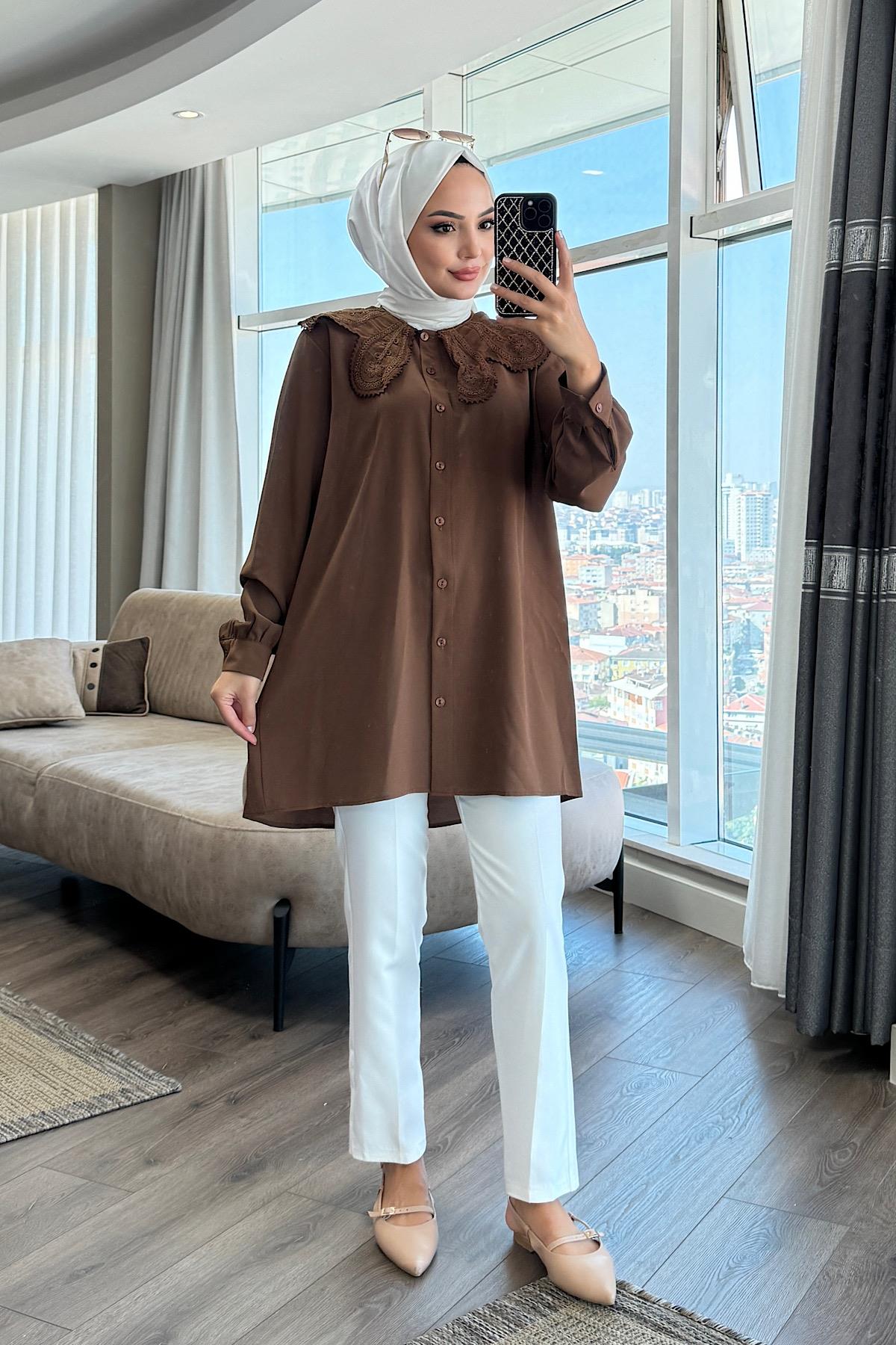 Yakası güpürlü tunik Kahverengi