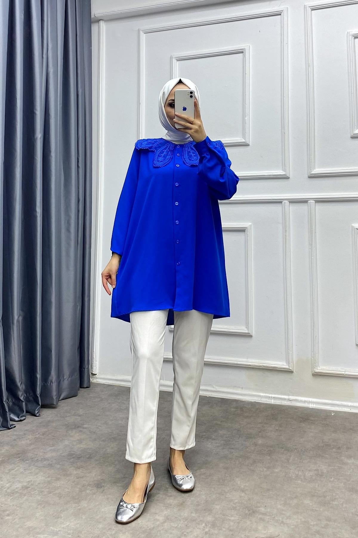 Yakası güpürlü tunik Saks