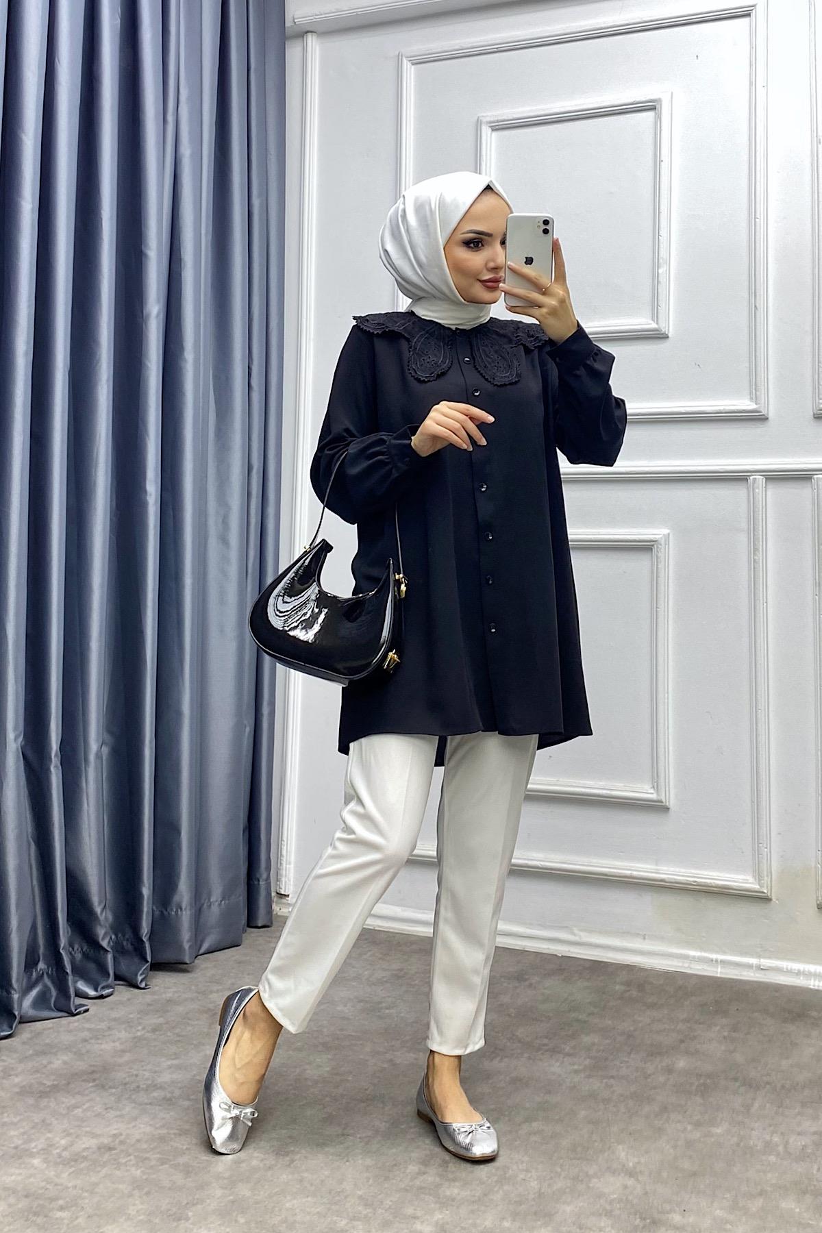 Yakası güpürlü tunik Siyah