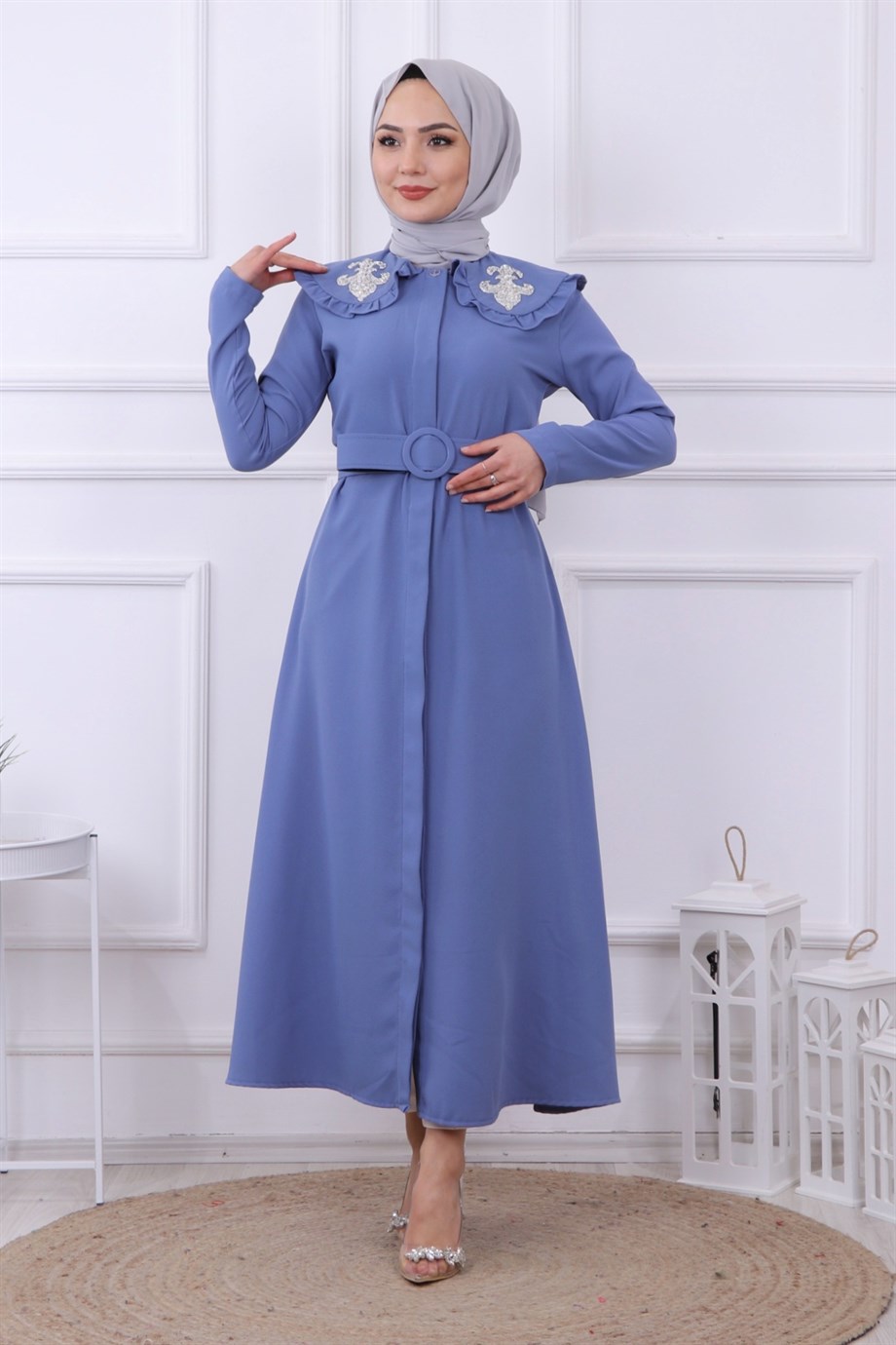 YAKASI TAŞ İŞLEMELİ ABAYA-FERACE İNDİGO