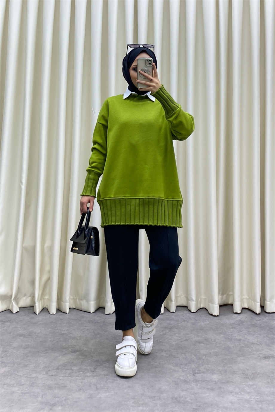 Yakası triko sweat yağ yeşili