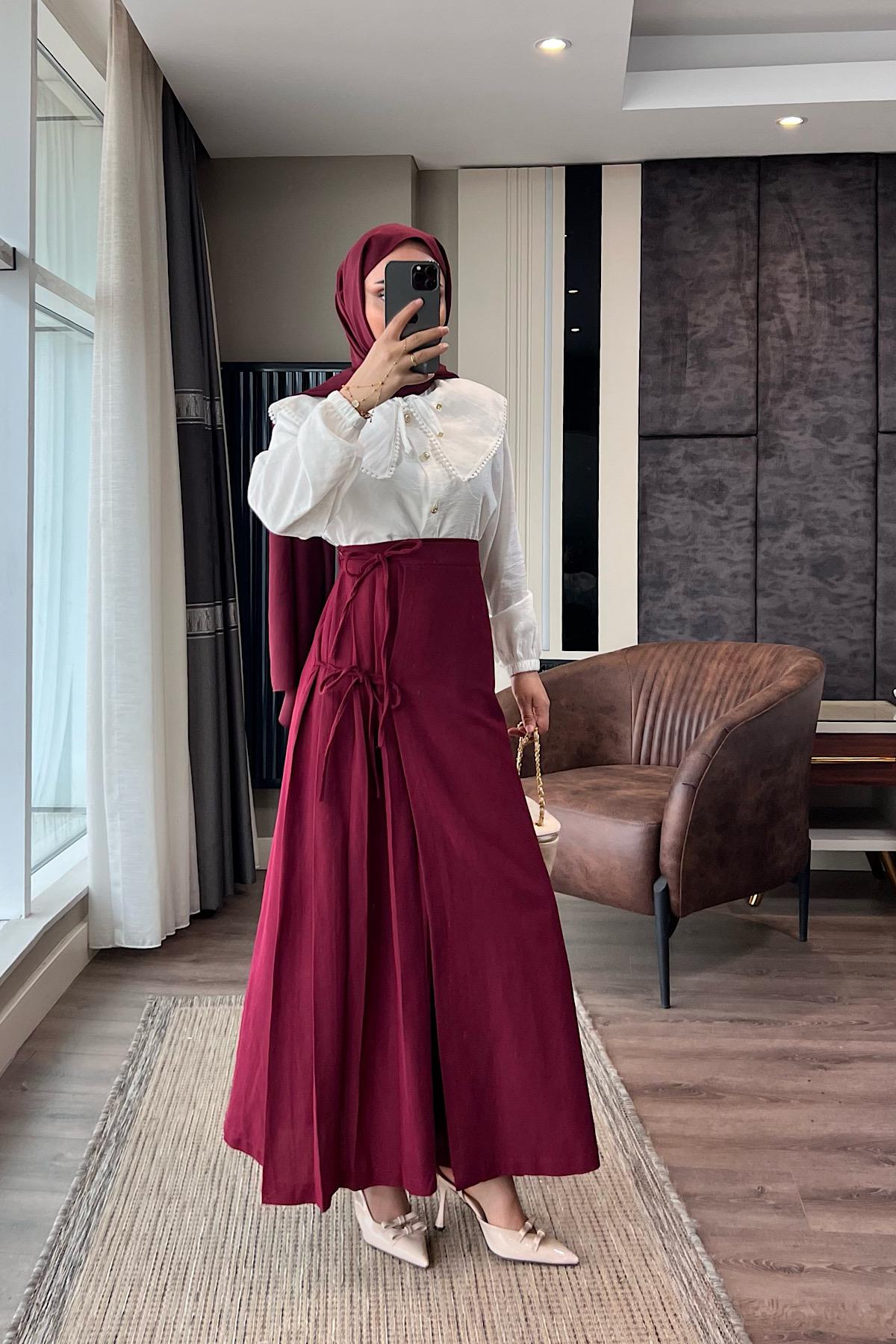Yandan Bağlamalı Keten Etek Bordo