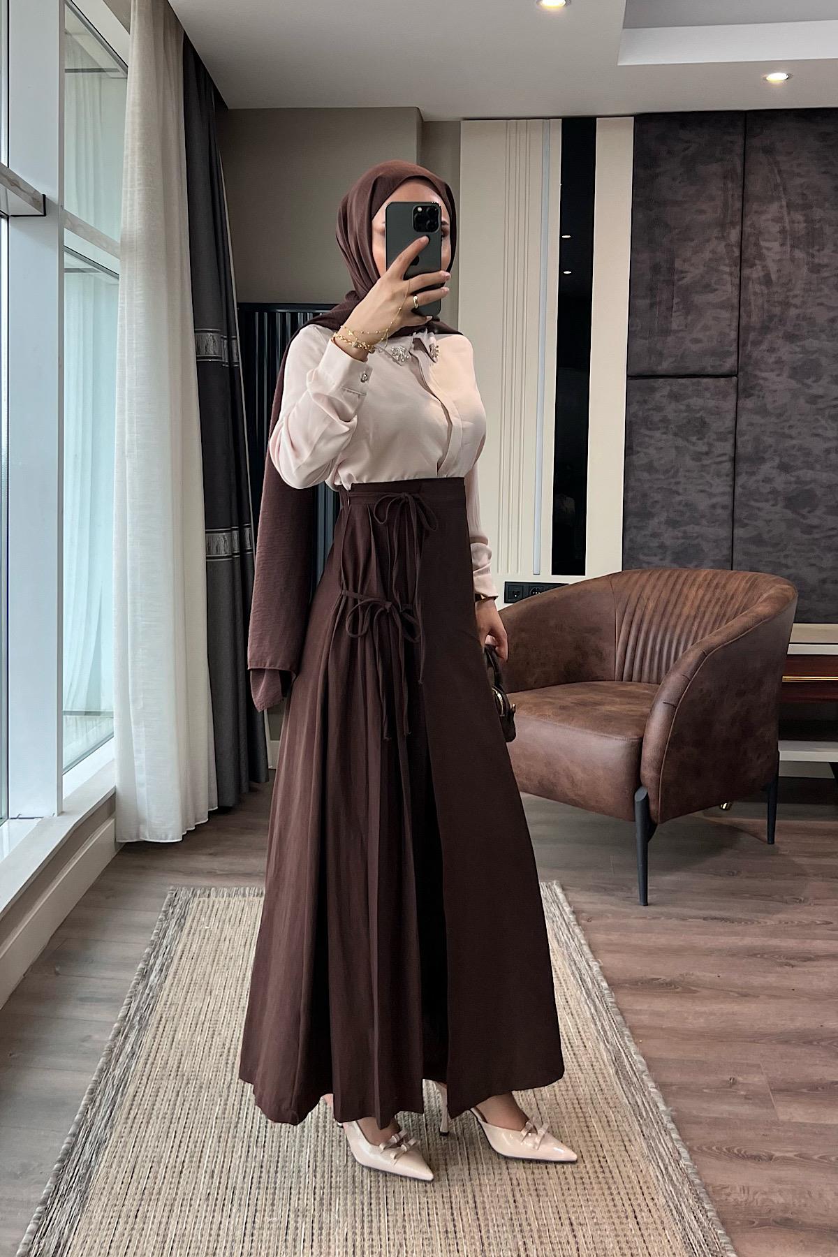 Yandan Bağlamalı Keten Etek  kahverengi