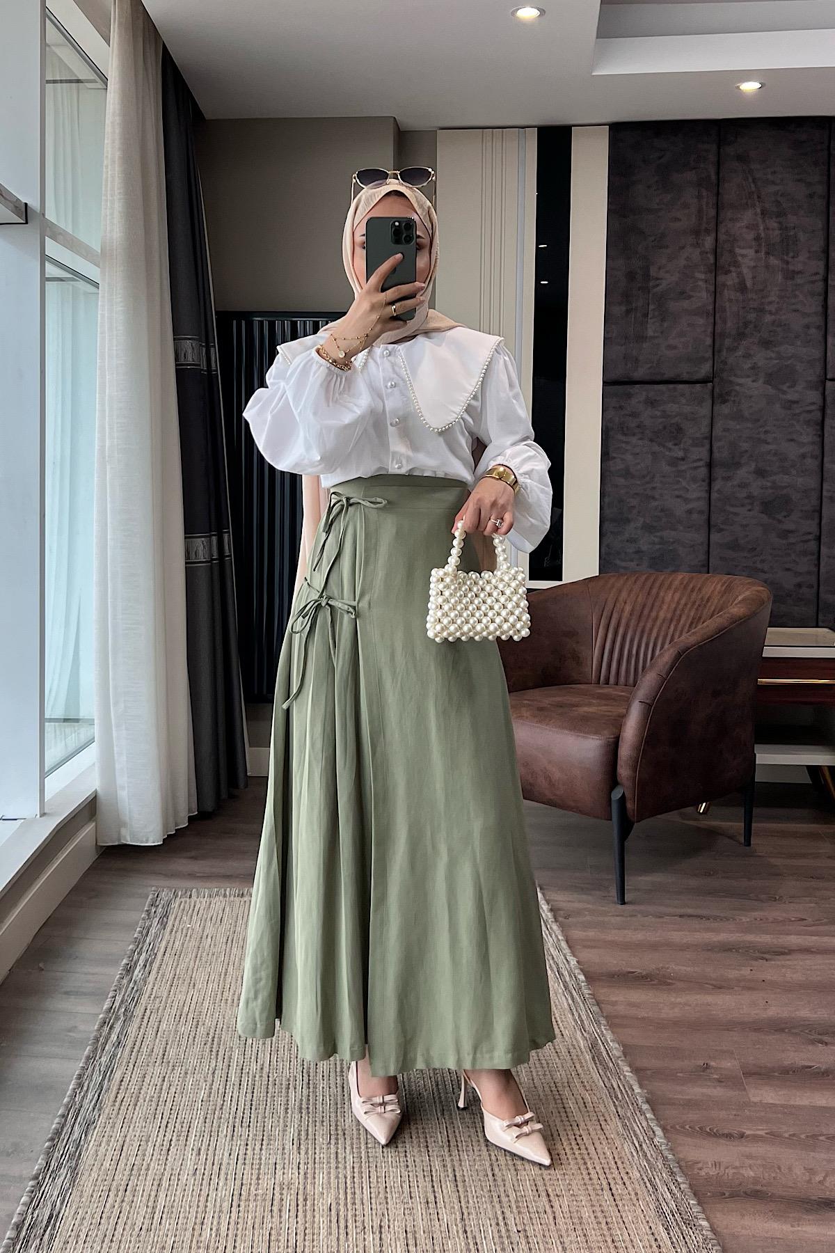 Yandan Bağlamalı Keten Etek Yeşil