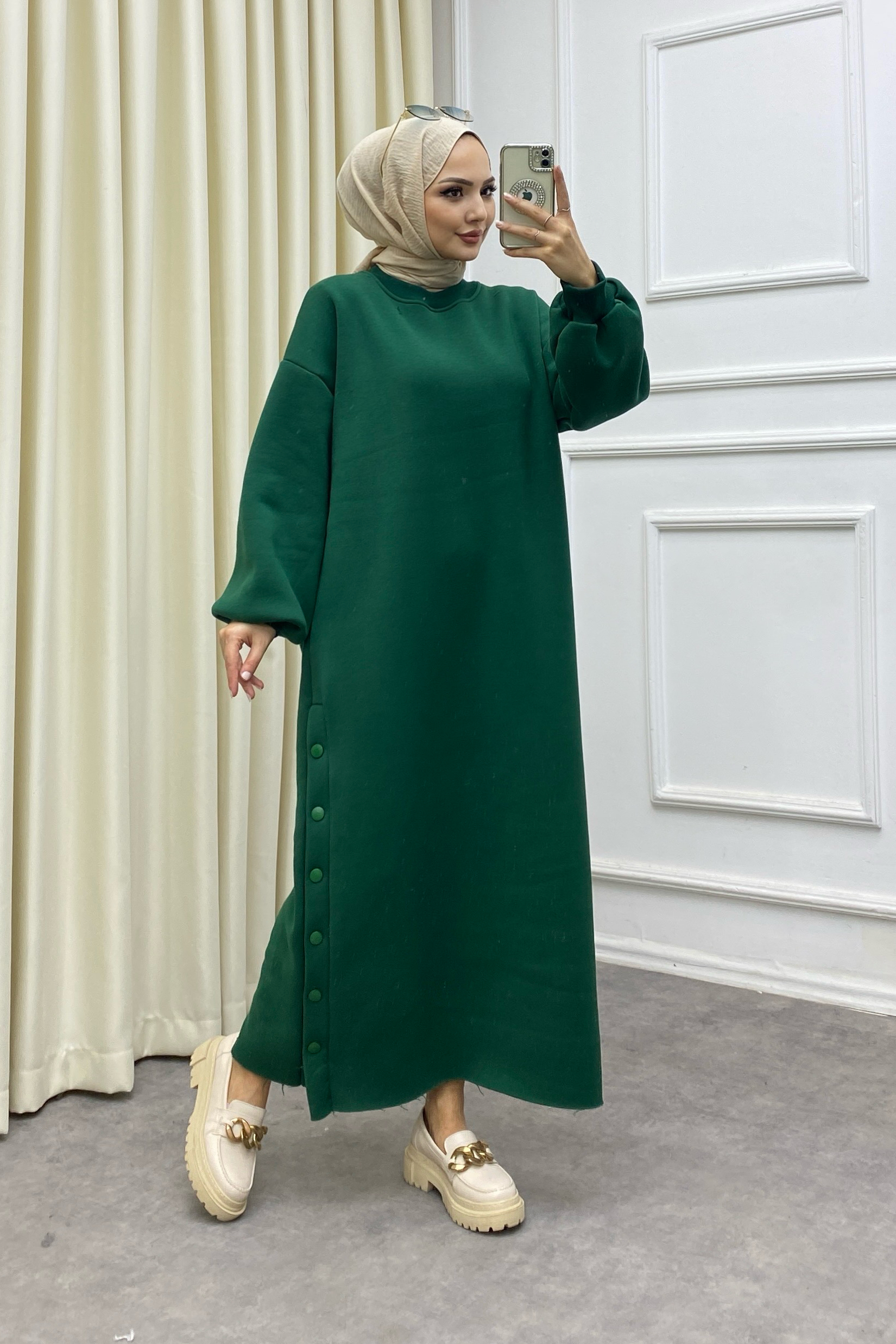 Yanı çıtçıt sweat elbise yeşil