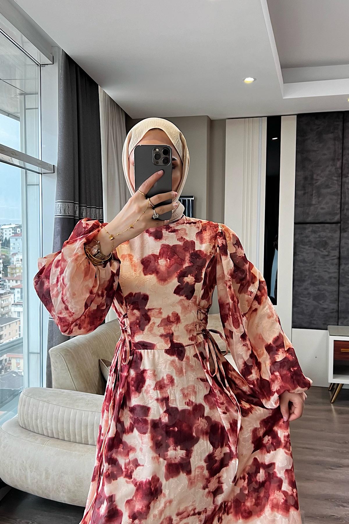 Yanları Bağcıklı Elbise Bordo 