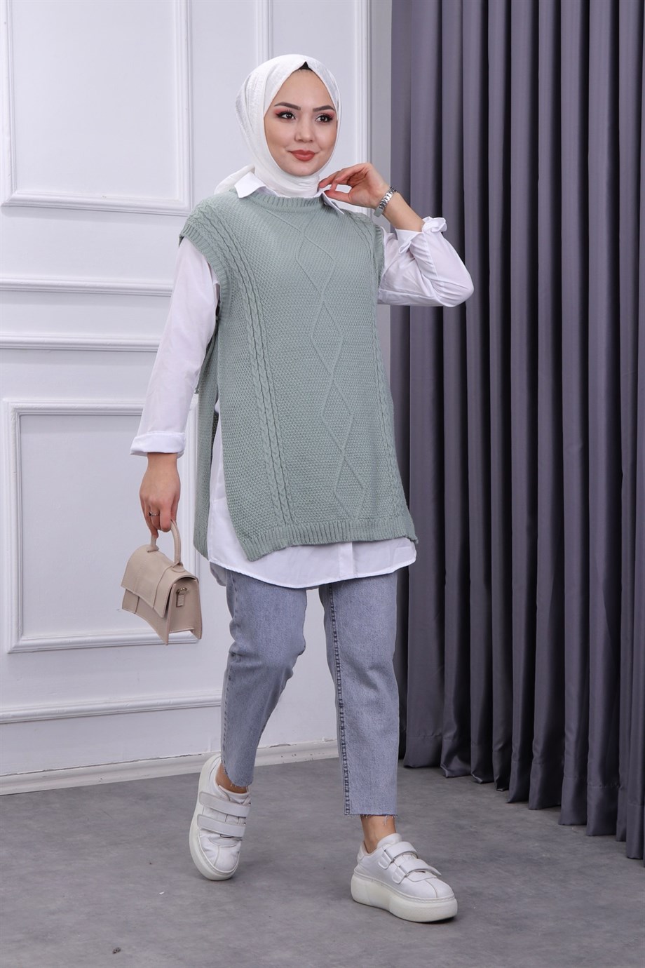 YANLARI BAĞCIKLI SÜVETER MİNT YEŞİLİ