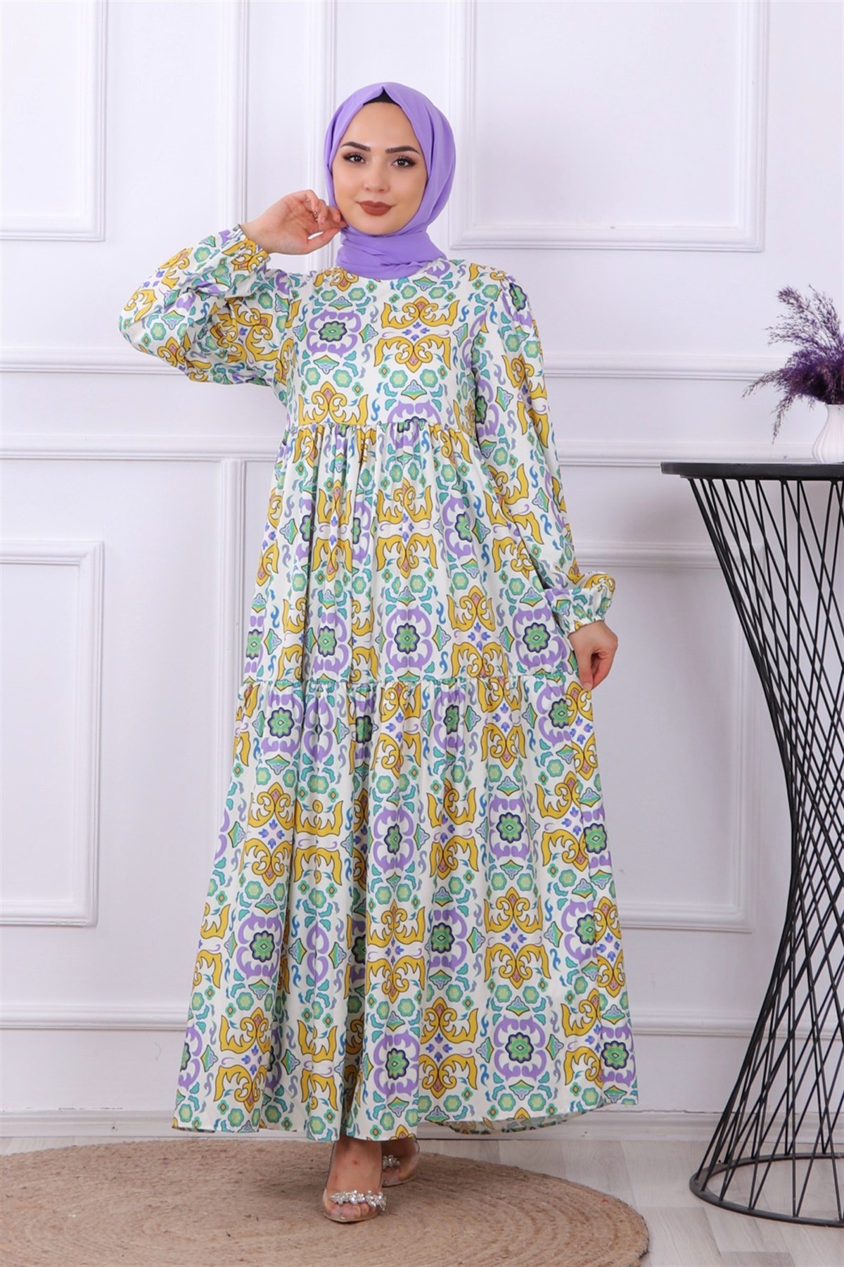 yeşil mor desenli elbise
