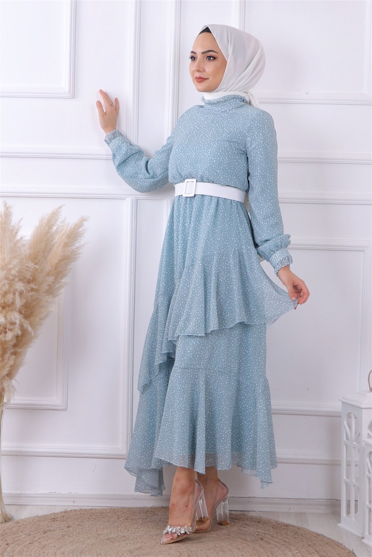 YEŞİL PUANTİYELİ GEOMETRİK MODEL ELBİSE