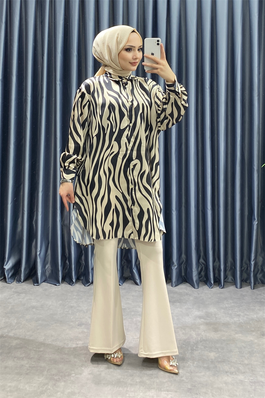 Zebra desen saten tunik siyah
