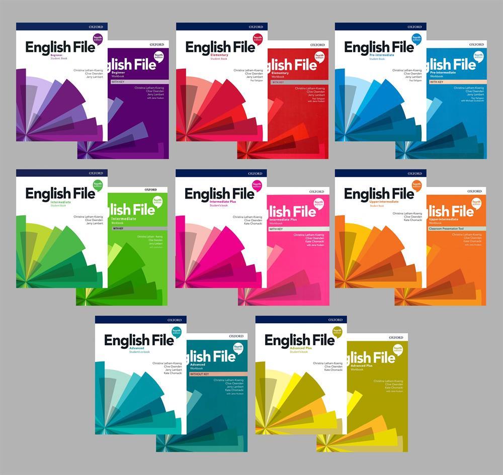 English File 4th Edition Beginner + Elementary + Pre-intermediate + intermediate + intermediate Plus +  Upper-intermediate + Advanced + Advanced Plus  Student's Book With Online Practice + Workbook (Access Code VARDIR) ( 8 li SET)