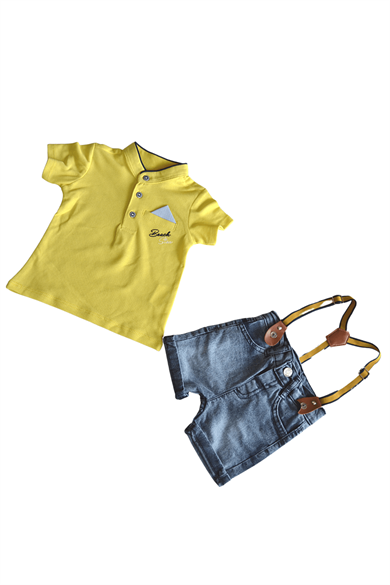 Beach Star Yazılı Sarı Düğmeli Yaka Tişört & Pantolon Askılı Mavi Kot Şort Takım