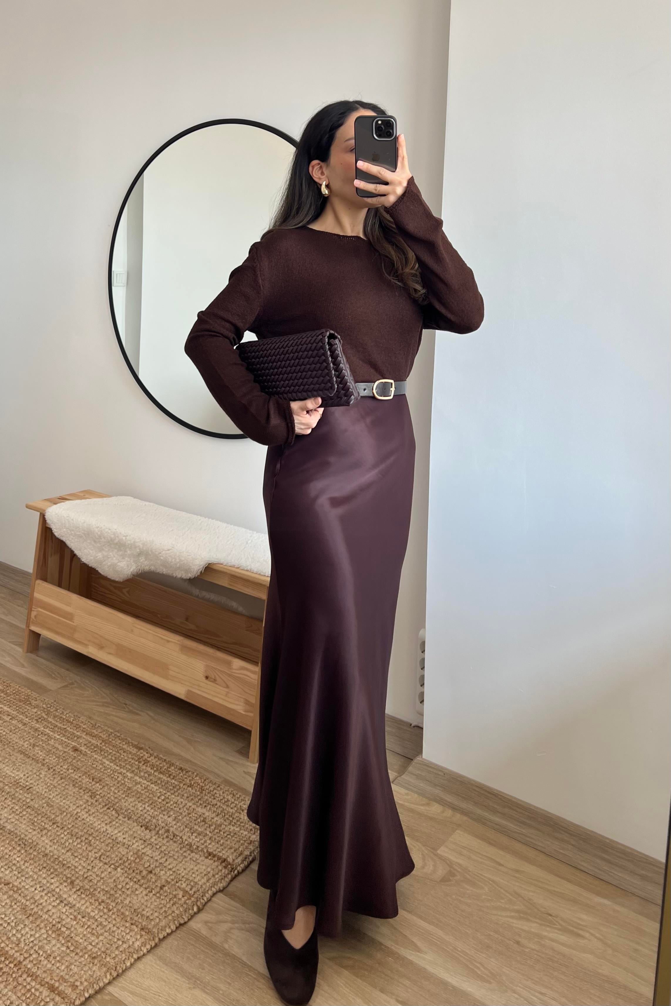 Acı Kahve Beli Lastikli Uzun İpek Saten Etek uygun fiyatlarda www.butikhola.com adresinde