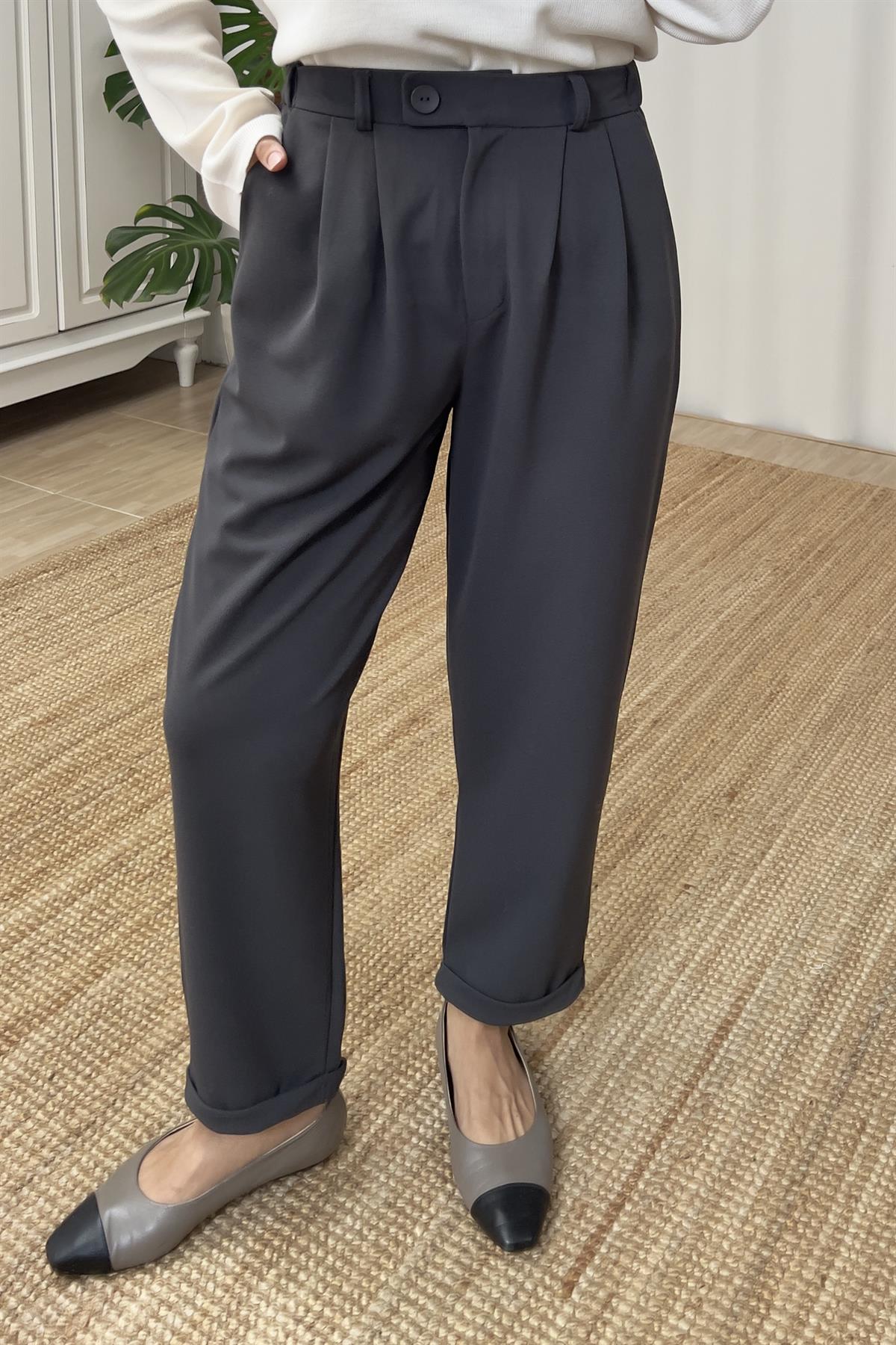 Antrasit Beli Lastikli Pileli Rahat Pantolon uygun fiyatlarda www.butikhola.com adresinde