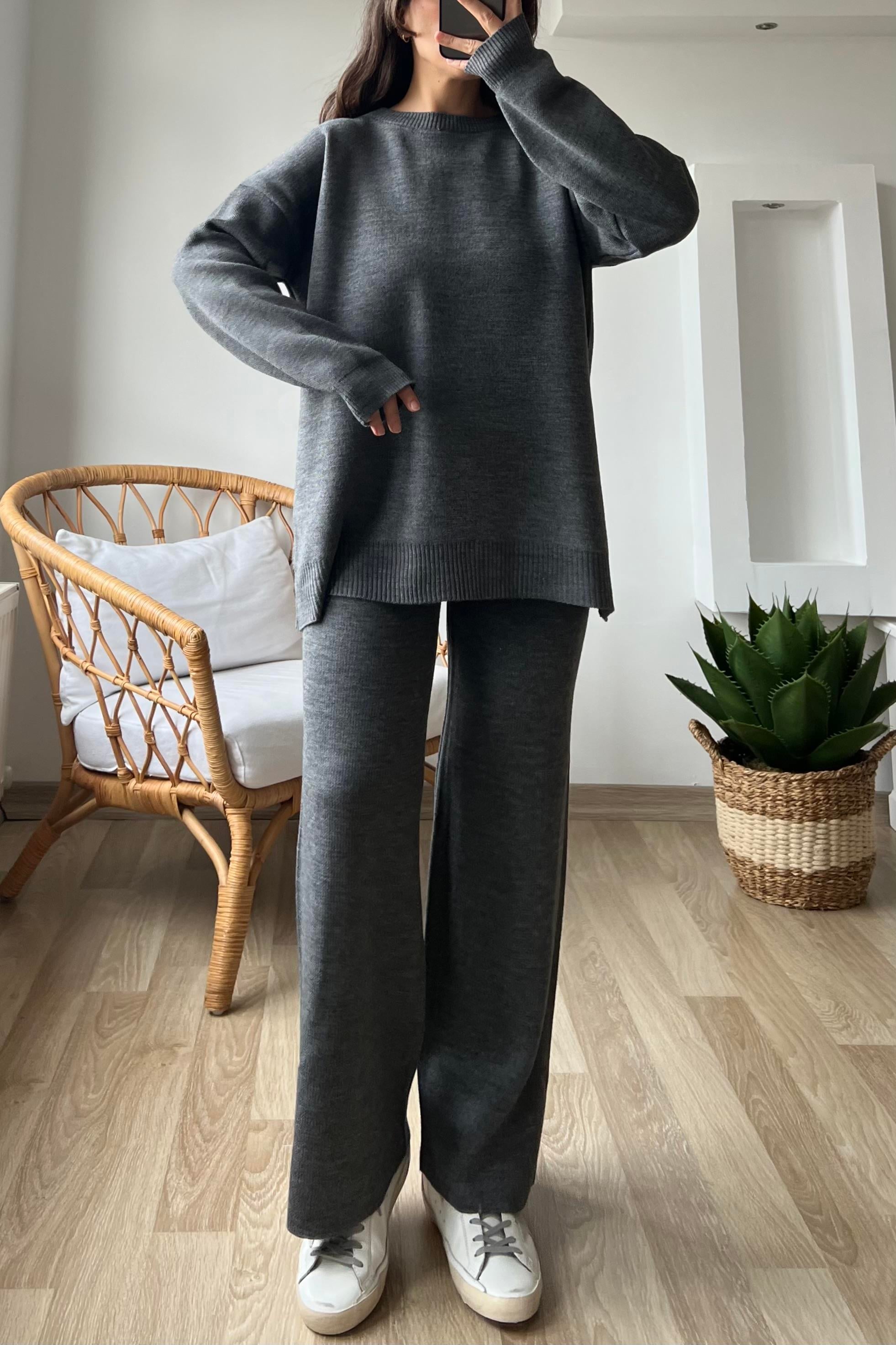 Antrasit Çelik Örme Triko Takım uygun fiyatlarda www.butikhola.com adresinde