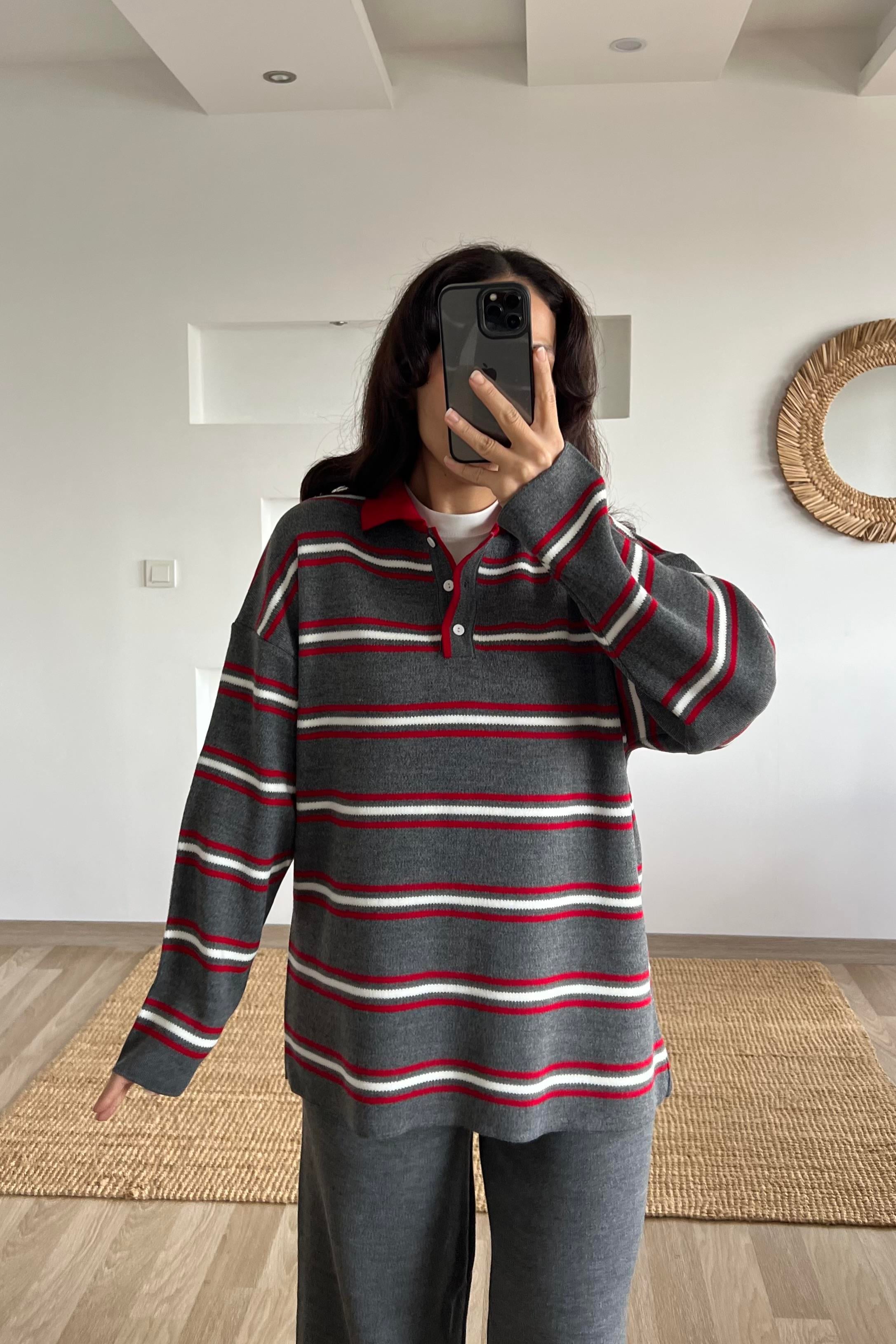 Antrasit Çizgili Polo Yaka Kazak uygun fiyatlarda www.butikhola.com adresinde
