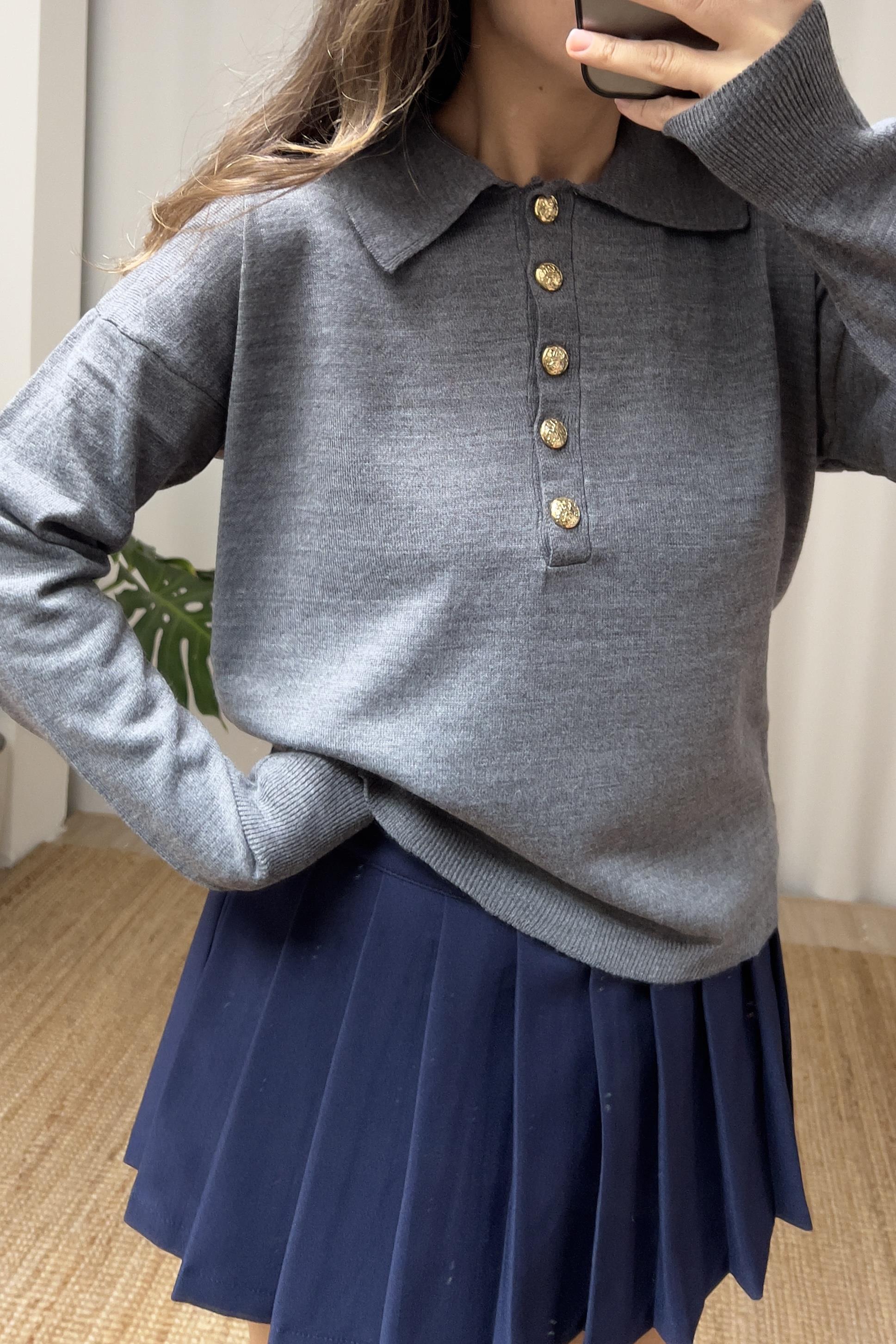 Antrasit Gold Düğmeli Polo Yaka Kazak uygun fiyatlarda www.butikhola.com adresinde