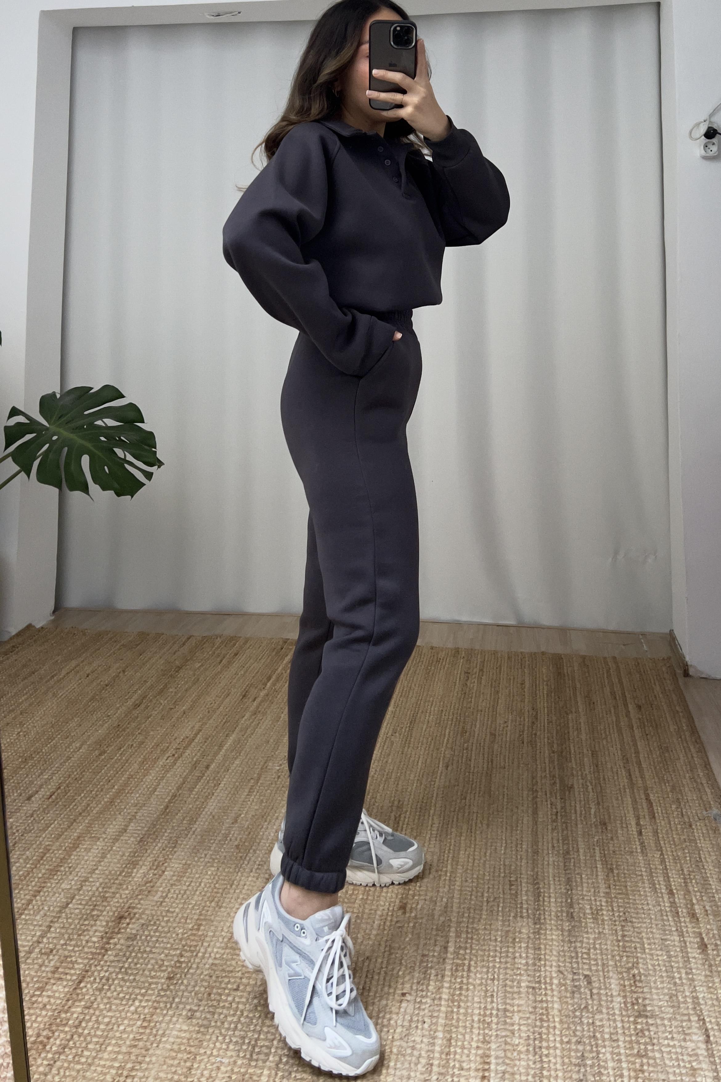 Antrasit İçi Polarlı Polo Yaka Sweatshirt Eşofman Takım uygun fiyatlarda www.butikhola.com adresinde