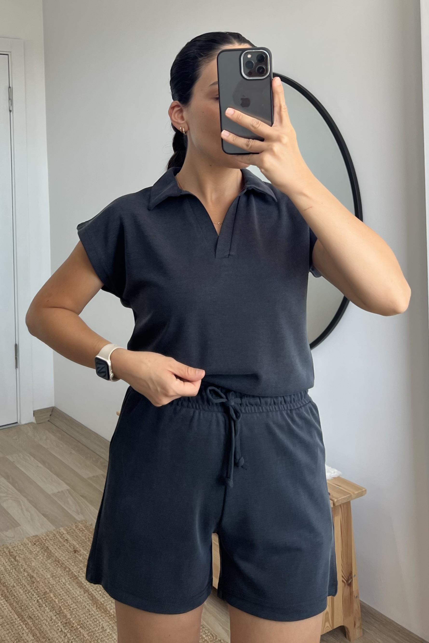 Antrasit Oysho Kumaş Modal Polo Yaka Tshirt Şort Takım uygun fiyatlarda www.butikhola.com adresinde