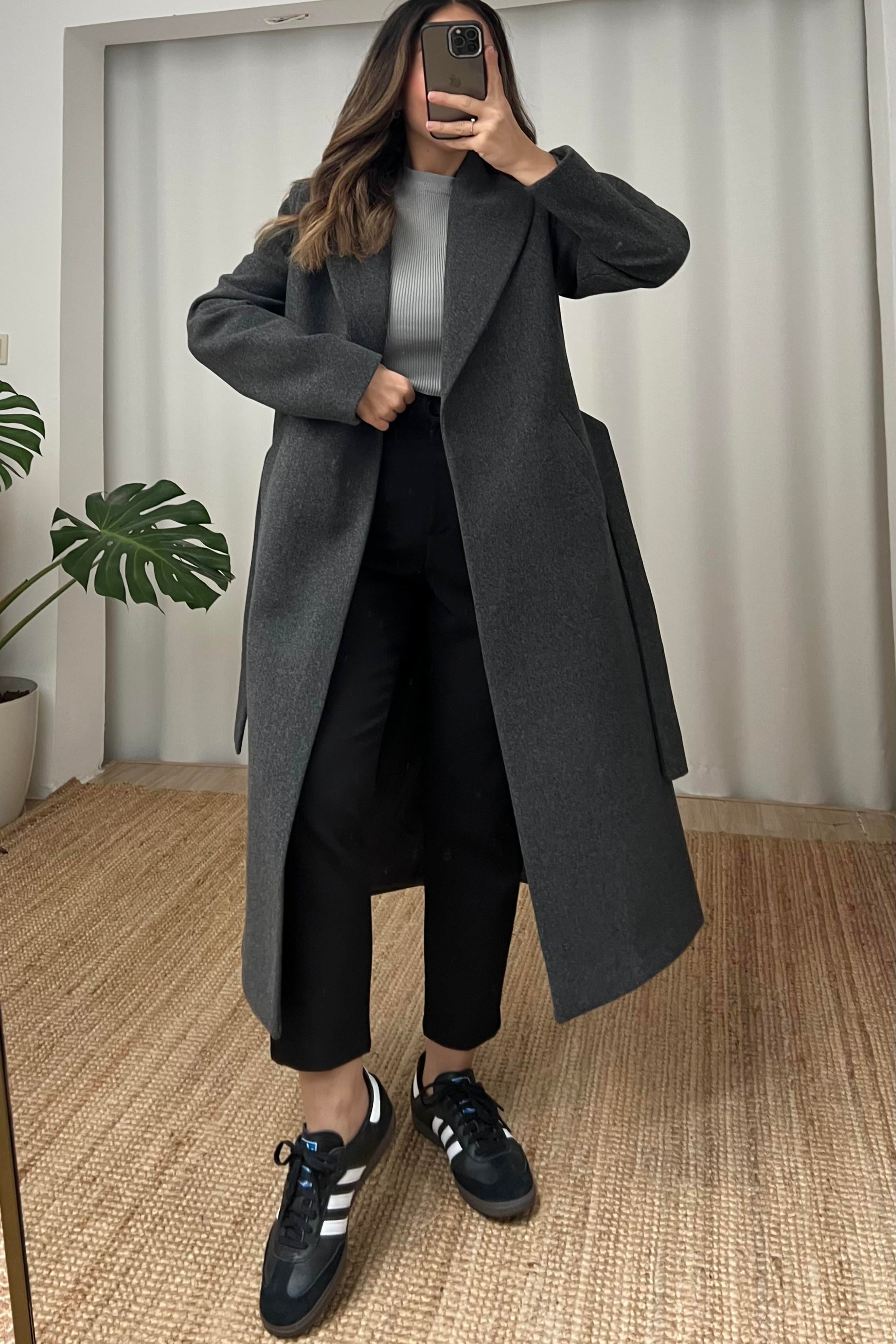 Antrasit Şal Yaka Kuşaklı Kaban uygun fiyatlarda www.butikhola.com adresinde
