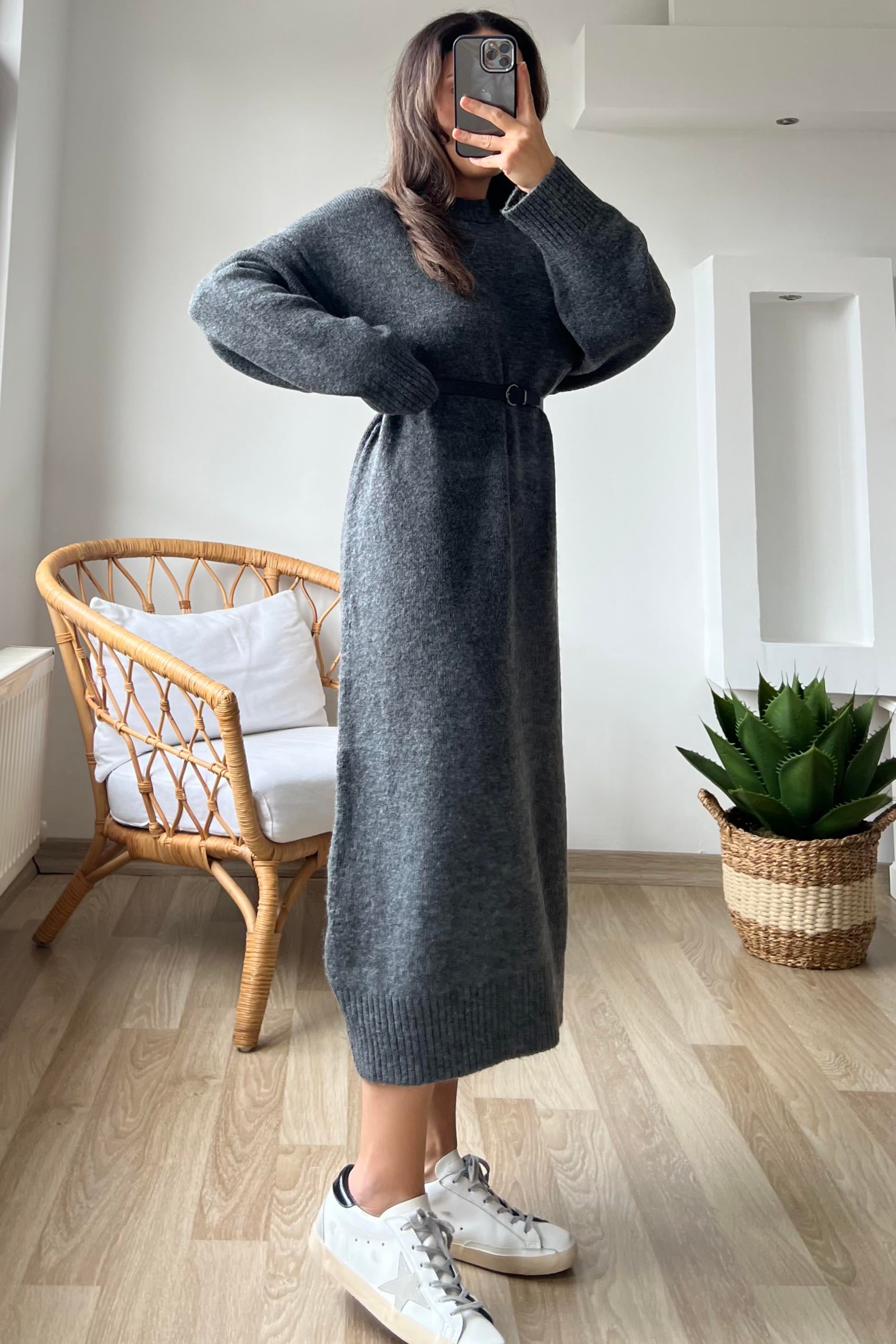 Antrasit Yumuşak Dokulu Triko Elbise uygun fiyatlarda www.butikhola.com adresinde