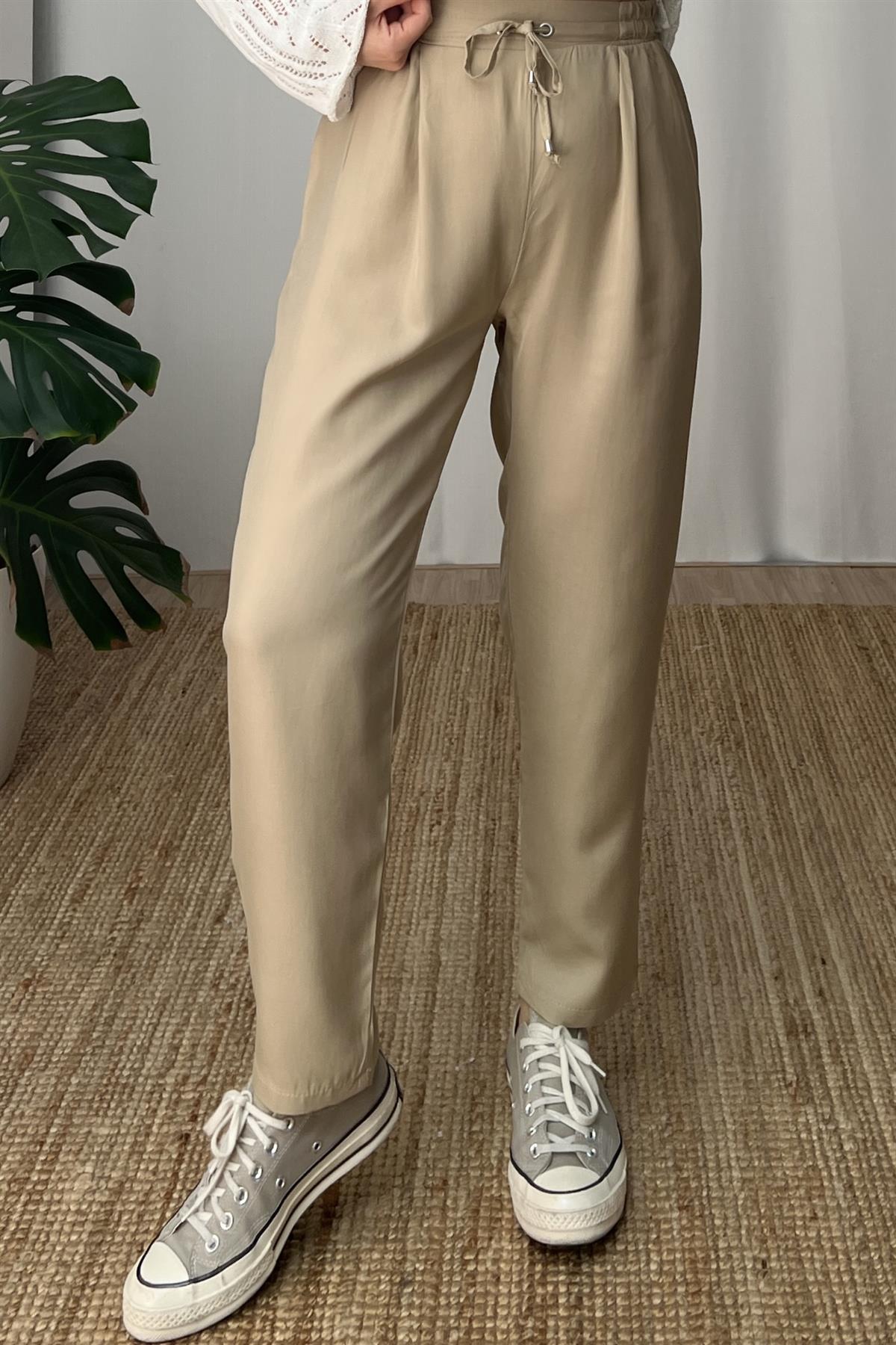 Bej Beli İpli Tensel Pantolon uygun fiyatlarda www.butikhola.com adresinde
