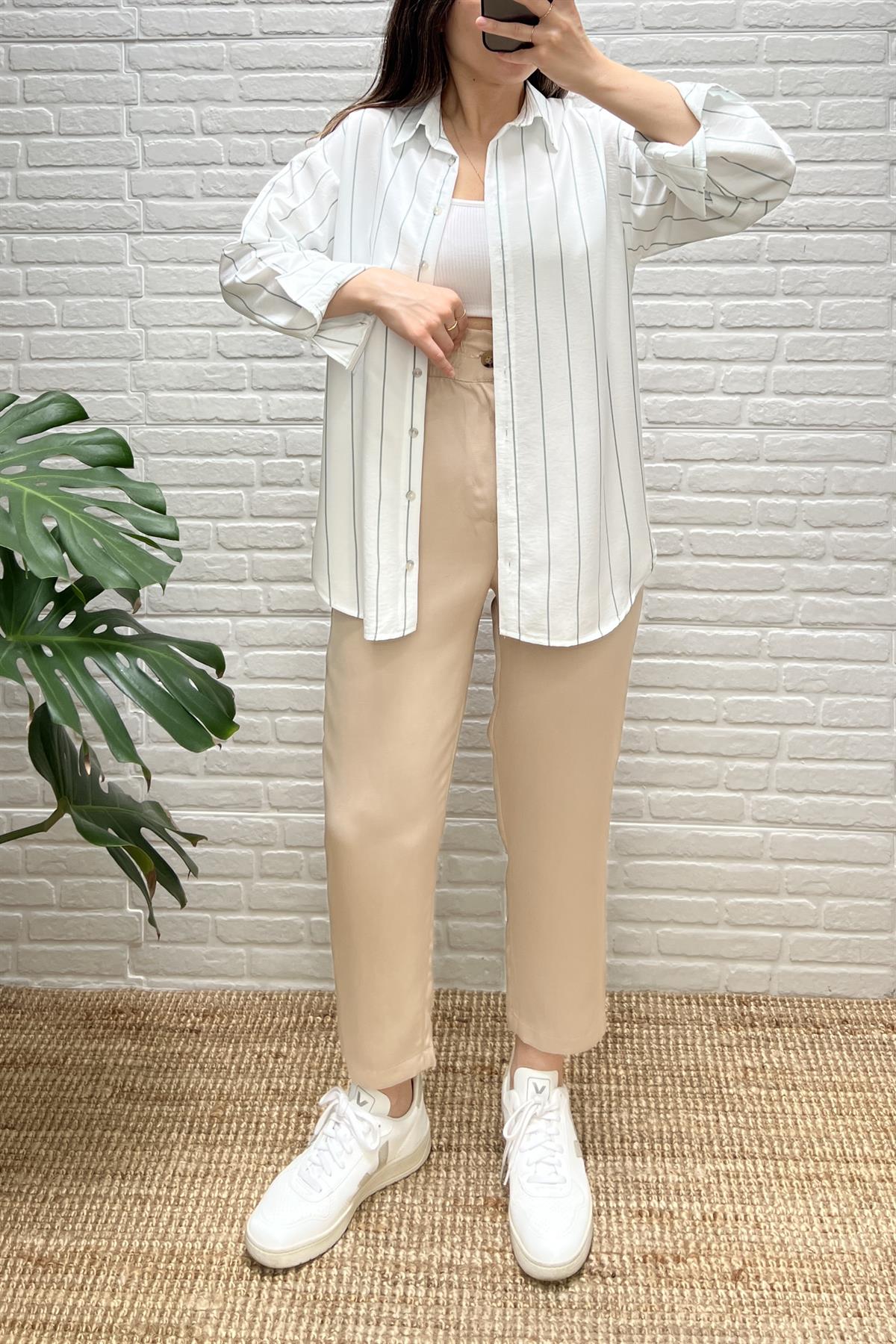 Bej Beli Lastikli Cepli Tensel Pantolon uygun fiyatlarda www.butikhola.com adresinde