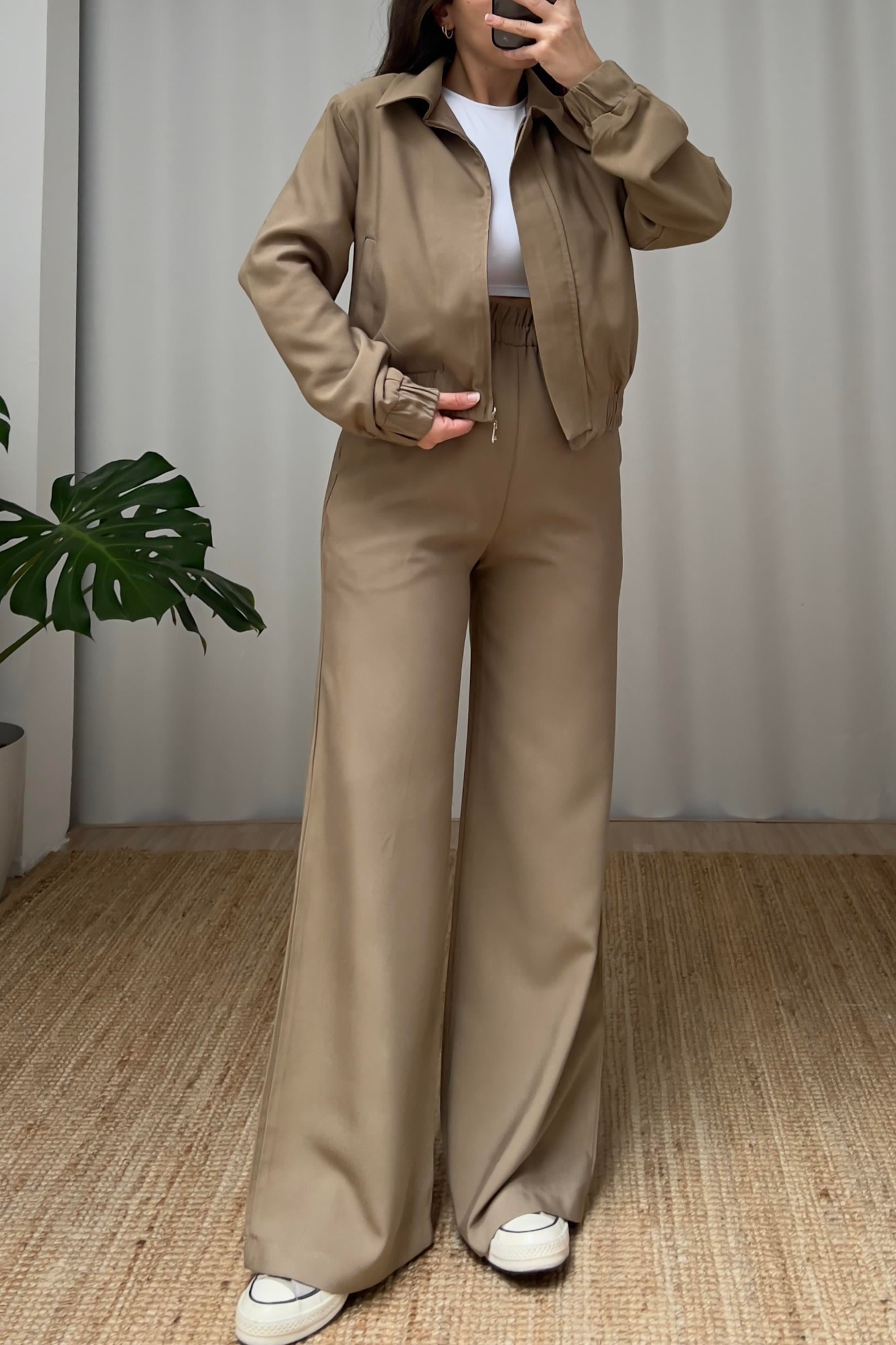 Bej Bomber Ceket Palazzo Pantolon Takım uygun fiyatlarda www.butikhola.com adresinde