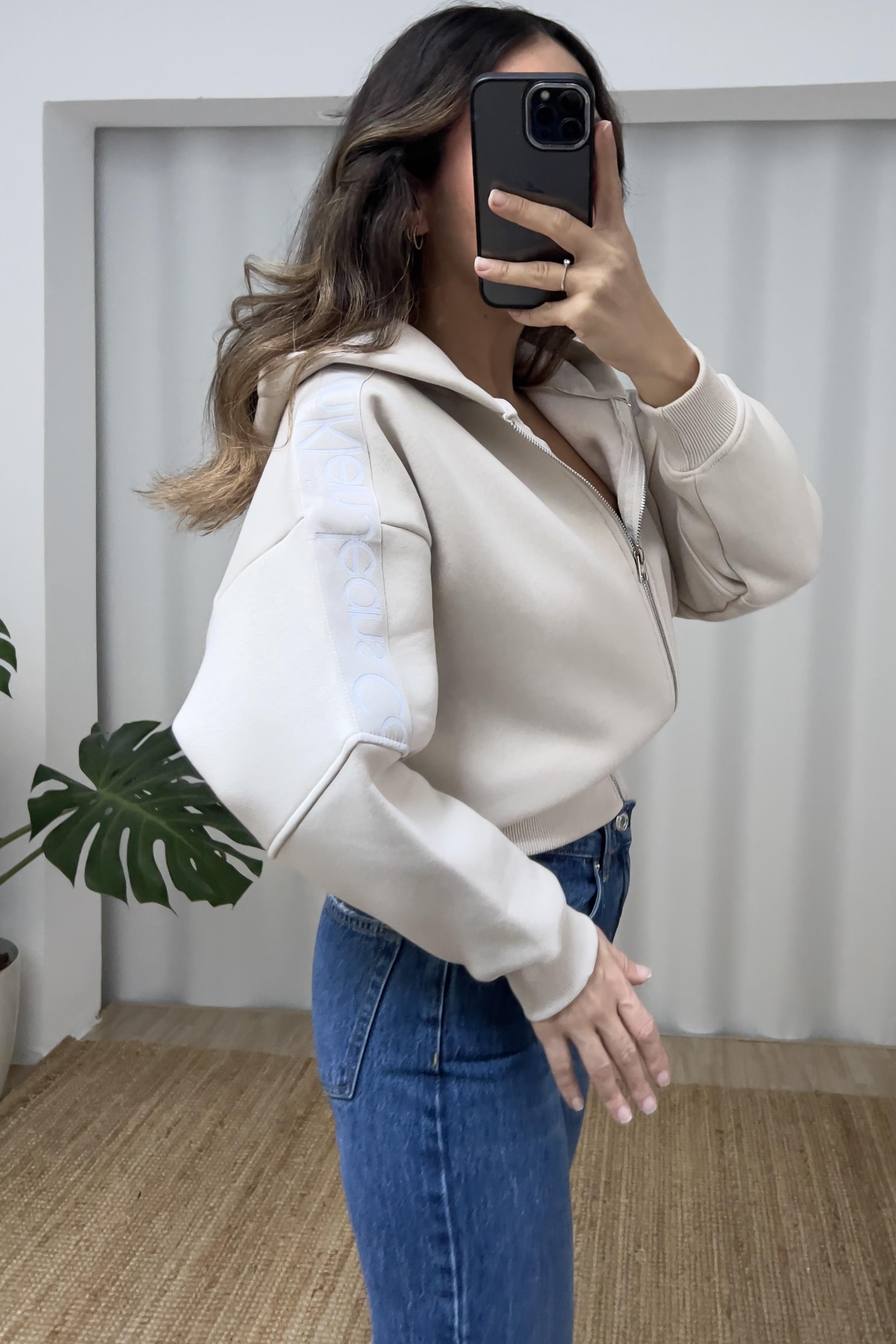 Bej Ck Şerit Detaylı Kapüşonlu Bomber Sweatshirt  uygun fiyatlarda www.butikhola.com adresinde