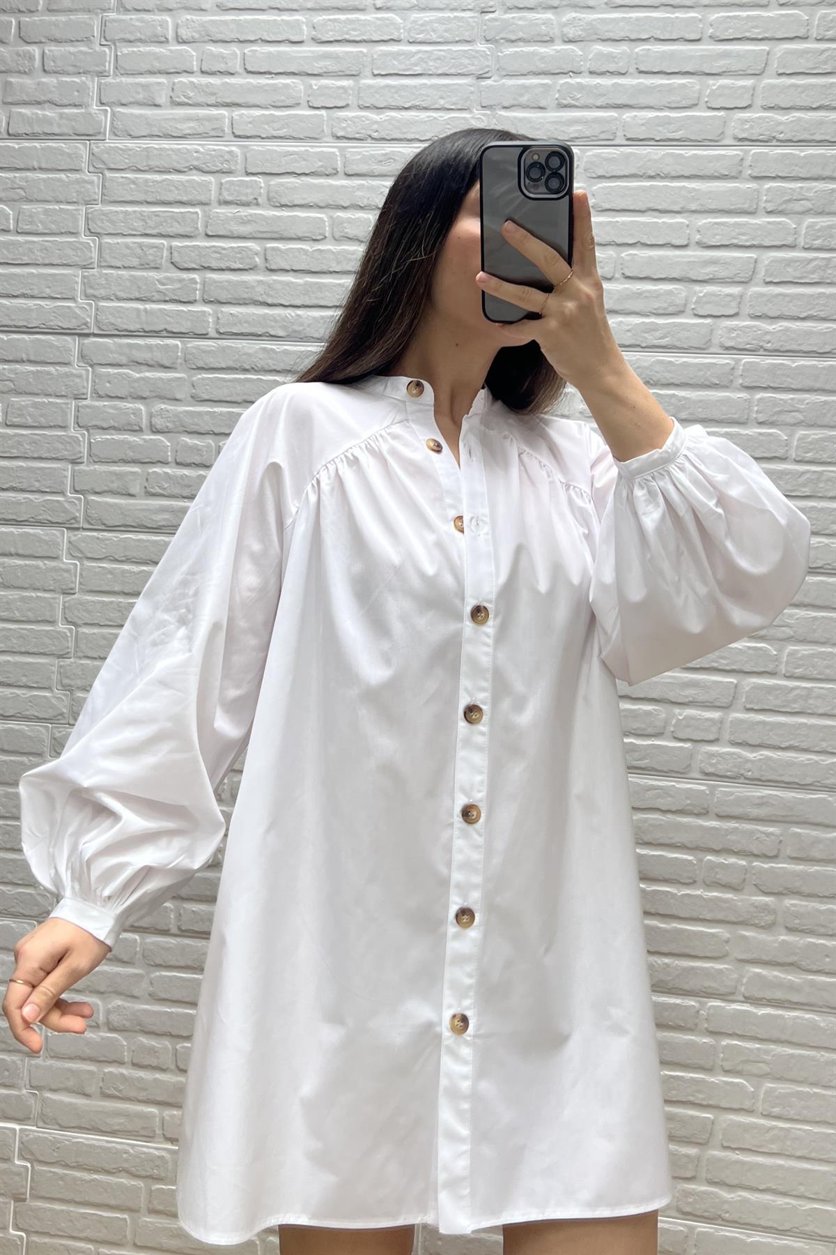 Beyaz Balon Kol Poplin Gömlek Elbise uygun fiyatlarda www.butikhola.com adresinde