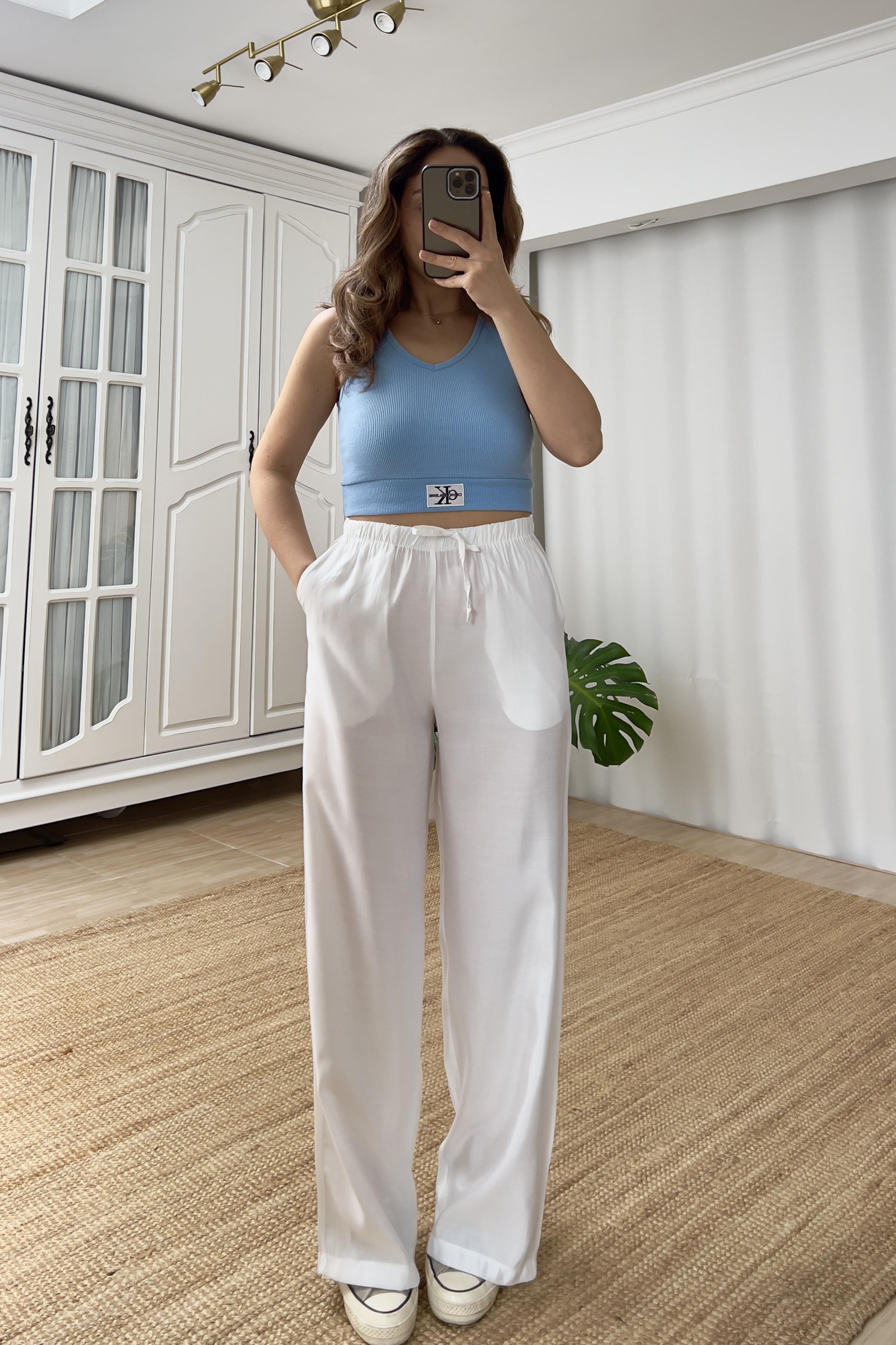 Beyaz Beli İpli Tensel Pantolon uygun fiyatlarda www.butikhola.com adresinde