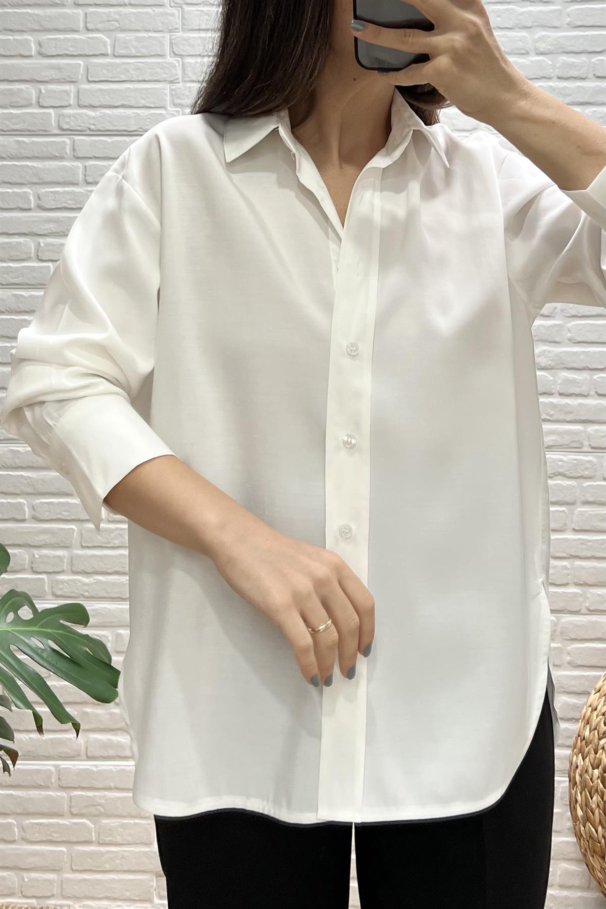 Beyaz Dökümlü Modal Gömlek uygun fiyatlarda www.butikhola.com adresinde